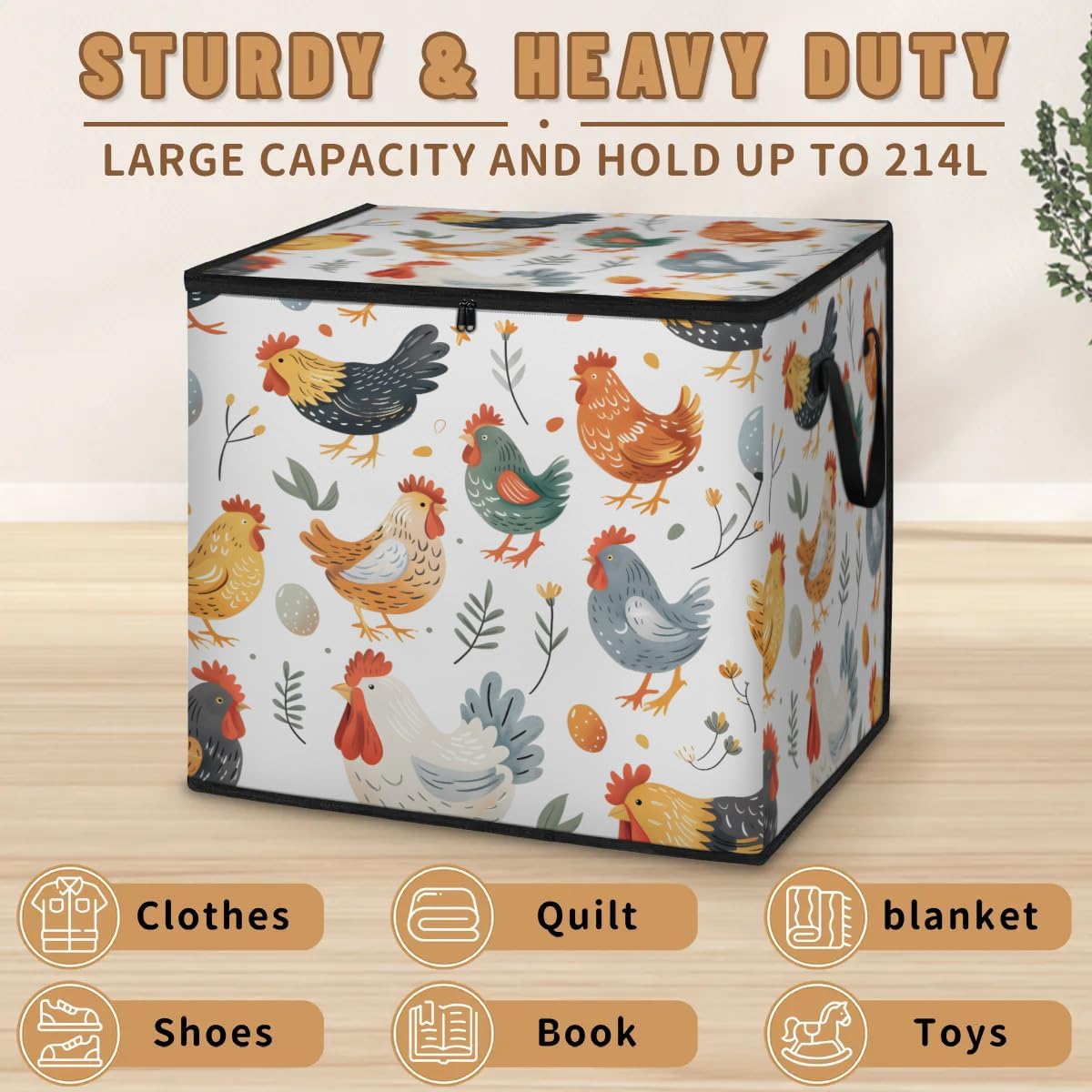 Honeybaby 214L Extra Large Comforter Storage Bag Floral Chickens Eggs Storage Totes with Lids Waterproof Closet Organizer Folding Blanket Storage Bags for Clothes Bedding Pillows
