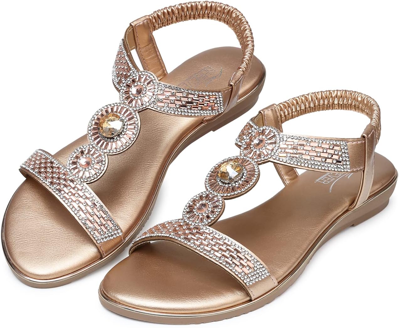 SHIBEVER Sandals Women Dressy Summer: Dress Ankle Strap Rhinestone Flats Bling Woman Beach Fancy Sandal Casual Open Toe