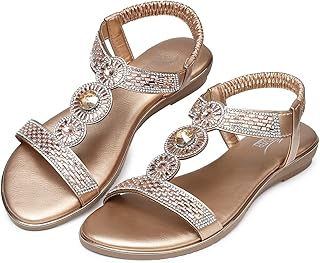 Sandals Women Dressy Summer: Comfortable Rhinestones Bling Flats Ankle Strap Sandals - Buy now