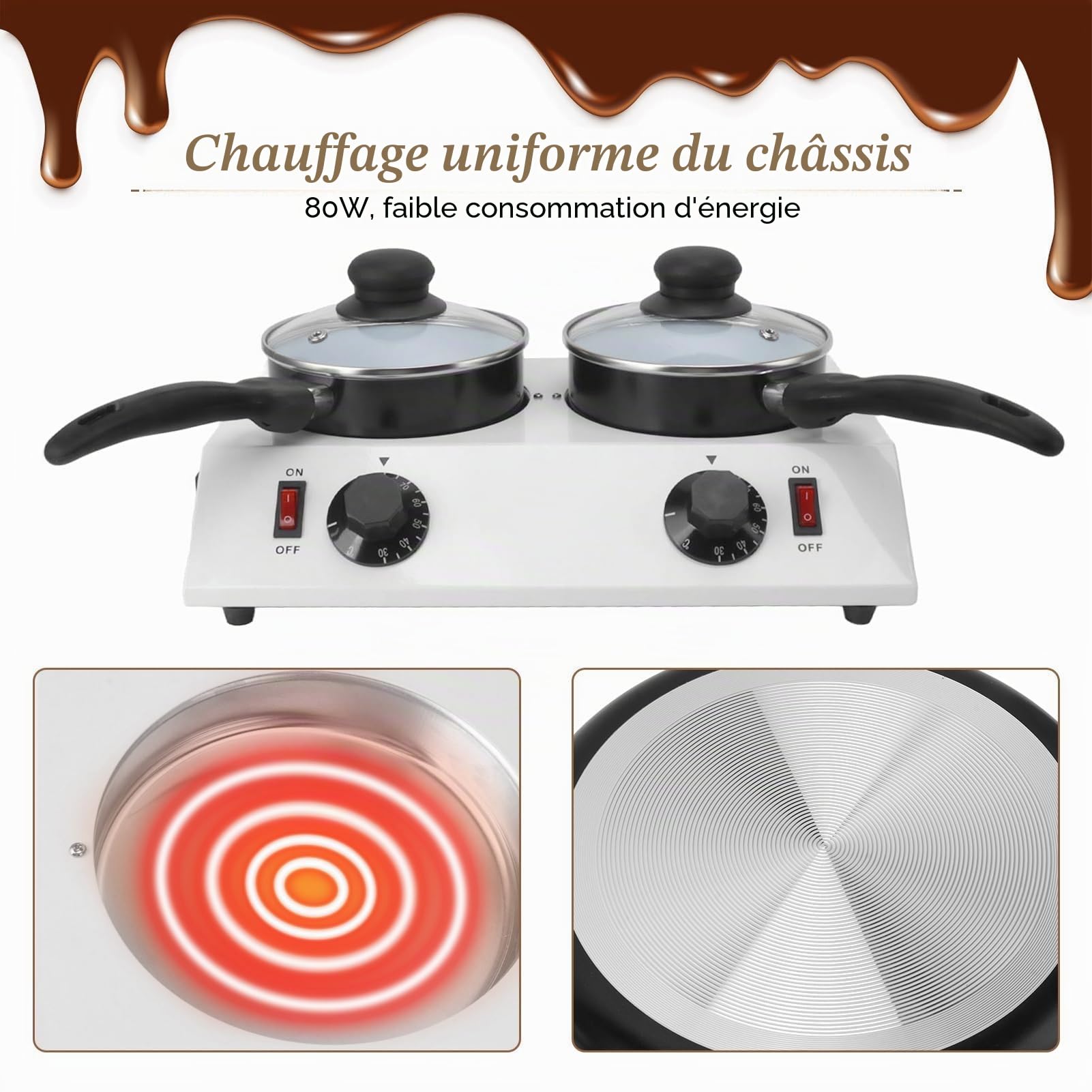 Fondoir à Chocolat Électrique 2 Réservoirs, 80W, Machine à Fondre le Chocolat avec Commande Manuelle