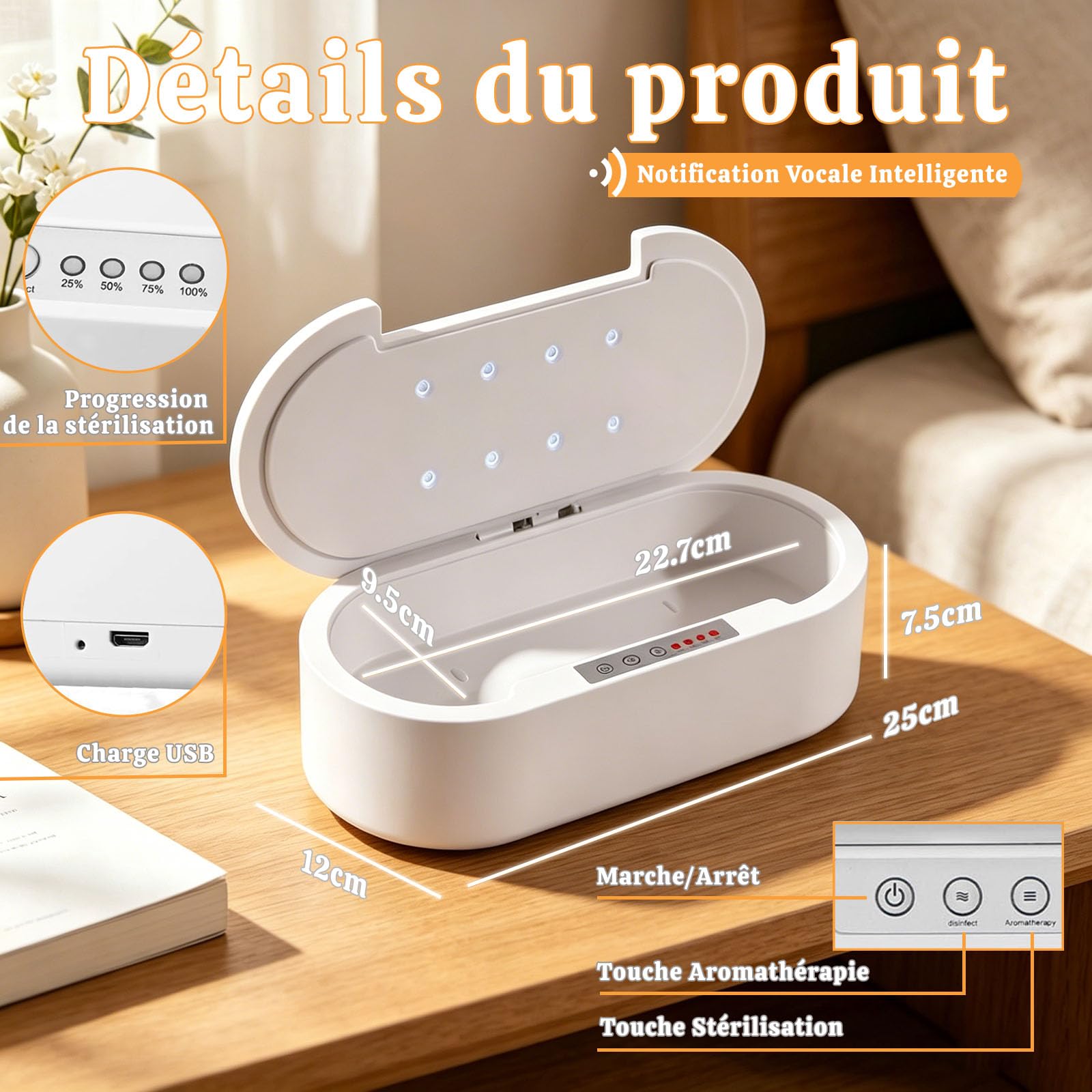 Stérilisateur UV Outils Ongles avec Aromathérapie, Désinfection 99.9% en 5 Minutes, Alerte Vocale, Lampe UV-C 260nm, Boîte Stérilisation pour Salon Manucure Maison