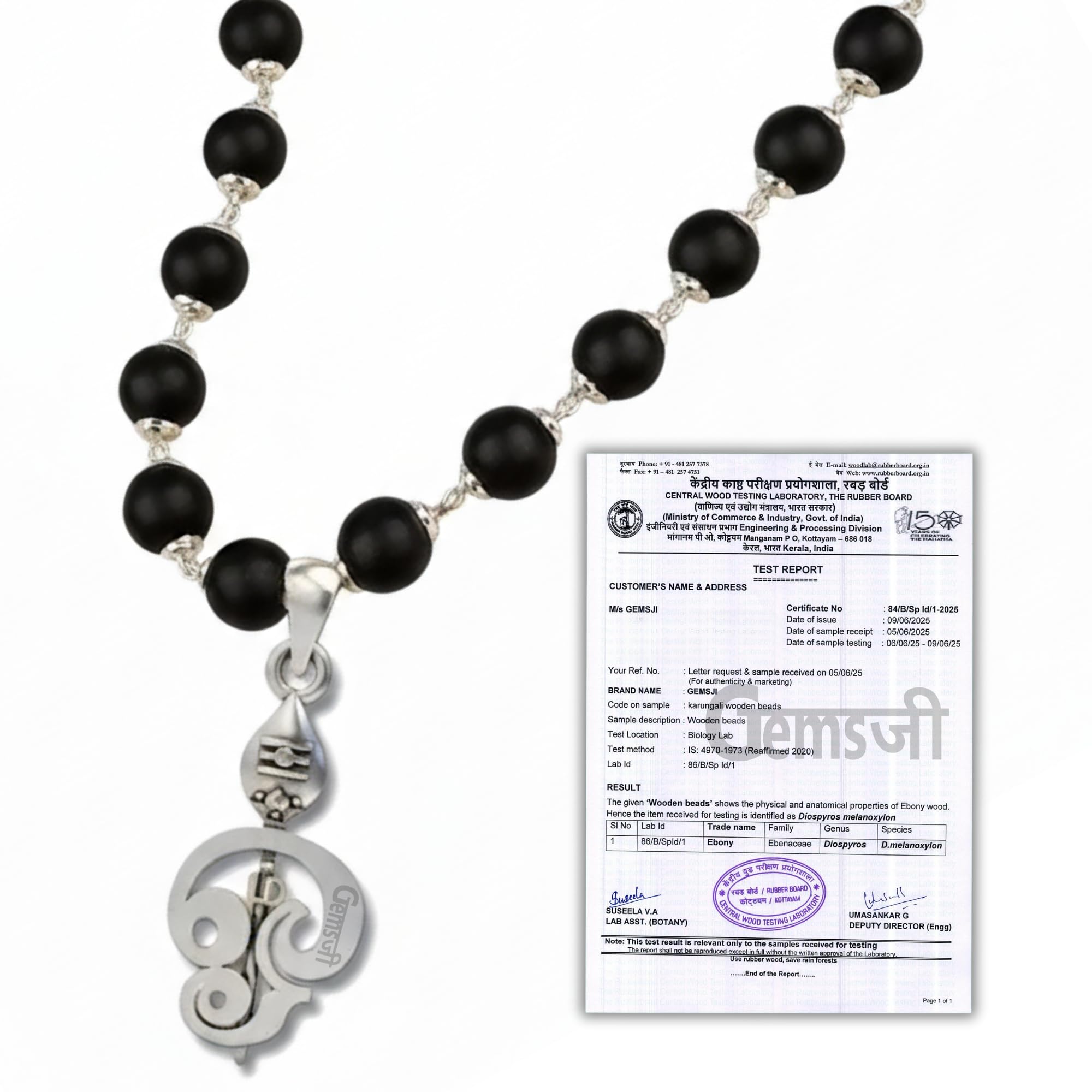Certified Karungali Malai with Divine Lord Murugan Vel Pendant - Certified Ebony Beads Mala With Goverment Lab Test Certification - Authentic Black Ebony Wood 54 Beads German Silver Cap Mala For Meditaon & Spiritual Growth
