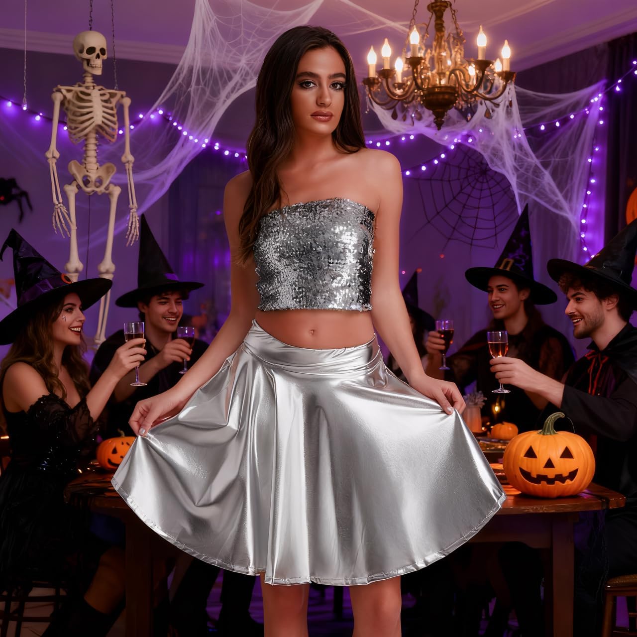 Women's Sparkly Sequin Tube Top, Strapless Stretchy Sleeveless Crop Top Metallic Clubwear for Party Night Out Halloween - Image 3