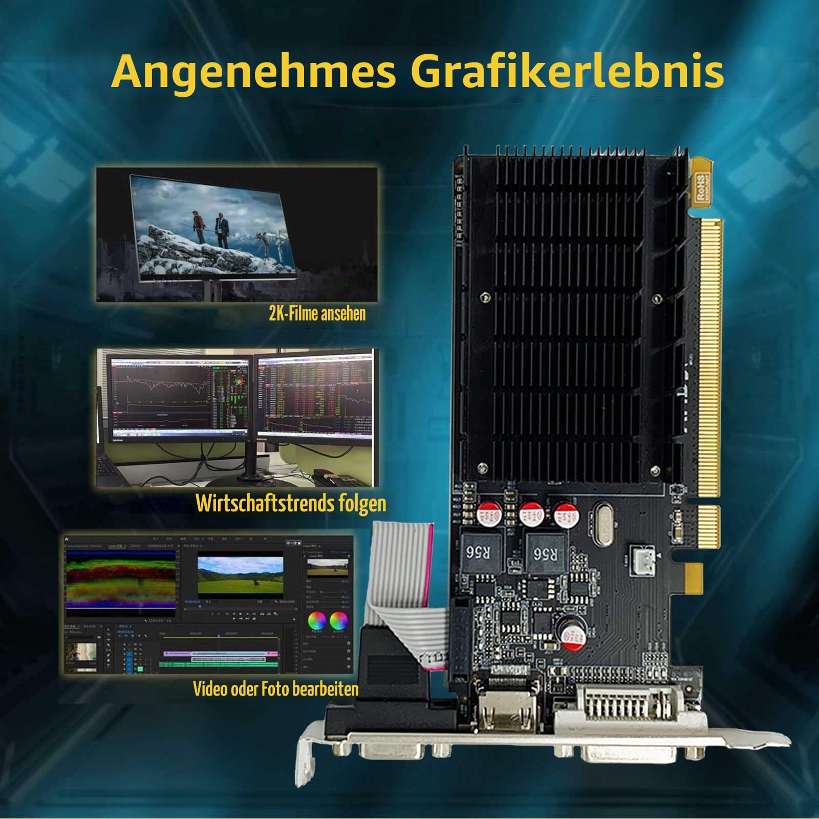 QTHREE Radeon HD 5450 Grafikkarte, 2 GB, GDDR3, 64 Bit, DVI HDMI VGA, Low Profile, PCI Express x16, Grafikkarte für PC, GPU, DirectX 11, unterstützt 2 Monitore