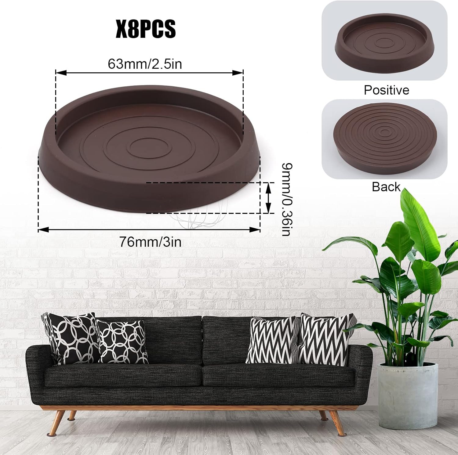 8PCS Non Slip Furniture Pads, 2.5inch/6.4cm Round Furniture Coasters Bed Stoppers Rubber Feet Silicone Chair Leg Protectors for Bed, Cabinet, Sofa, Chair, Table, Piano (Brown)