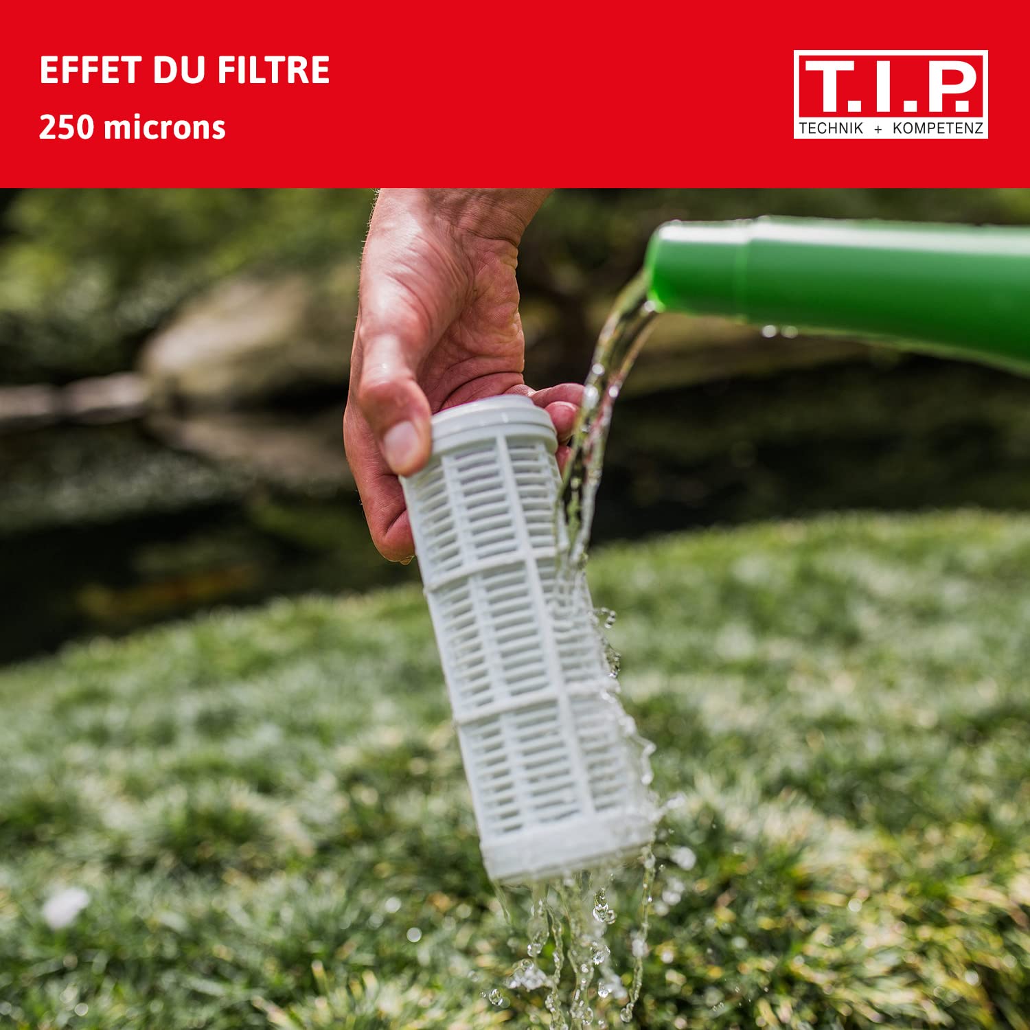 T.I.P. Préfiltre pour Pompes de Jardin et Circuits d'eau Domestiques Taille de 12,7 cm 5" Débit 7000 l/h Cartouche Filtrante lavable Tête de Filtre Transparente en Polyamide Couleur Blanc Rouge