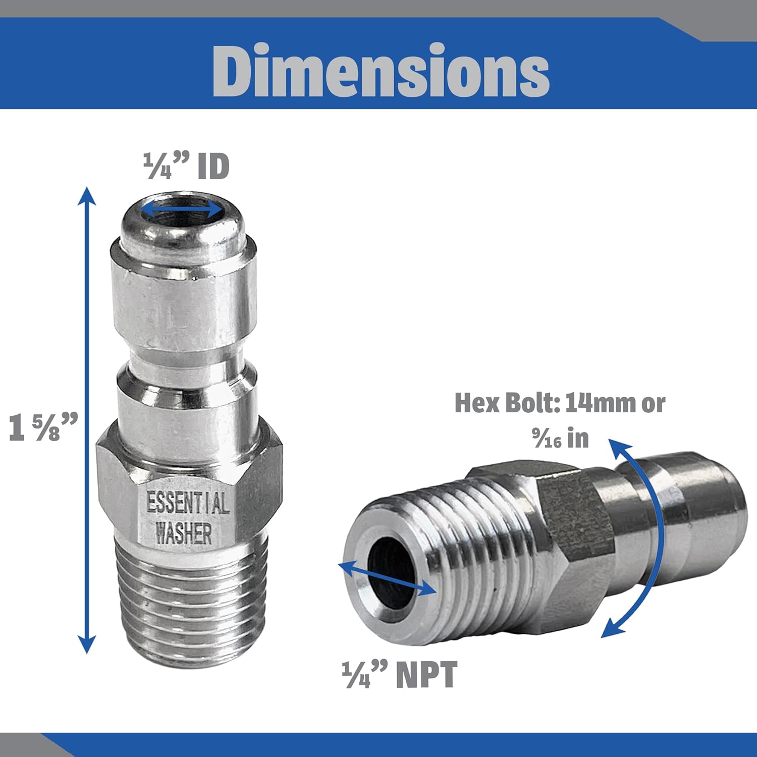 Essential Washer Stainless Steel ¼” Plug Male NPT | Pressure Washer Quick Connect Fittings | 5000 PSI | Set Of 4