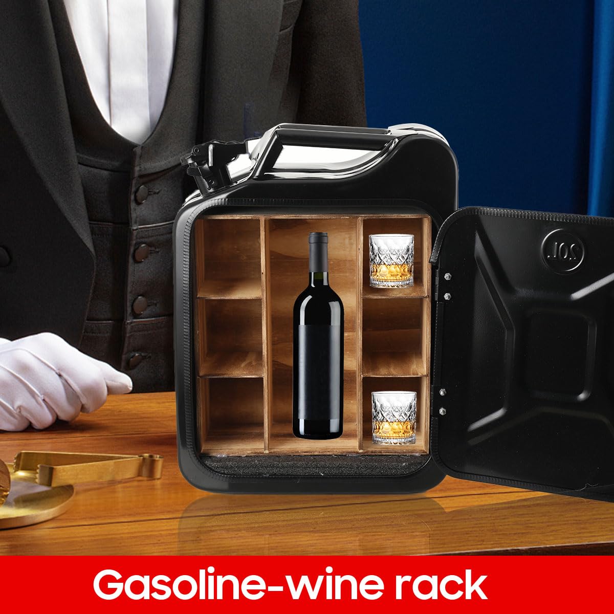 Jerrycan Bar à bidon de 20 l, verrouillable, à 4 compartiments, en métal, noir, cadeau d'anniversaire pour homme, minibar verrouillable, 34 x 46 x 16 cm