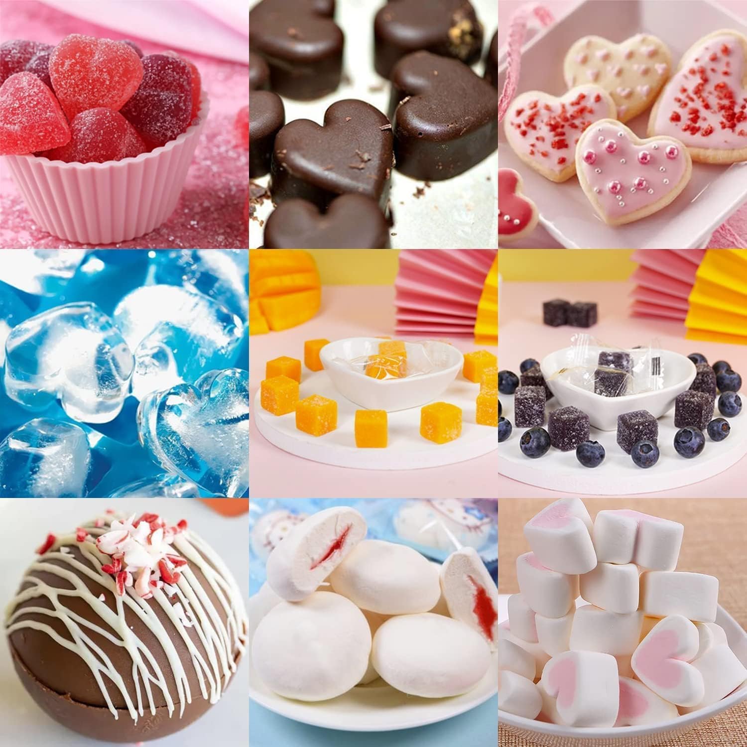 Set di 3 stampi in silicone per caramelle e cioccolato, antiaderenti, inclusi cuore, rotondo, quadrato, per caramelle, gommose, caramello caldo, ghiaccio, torta, gelatina, ganache (blu)