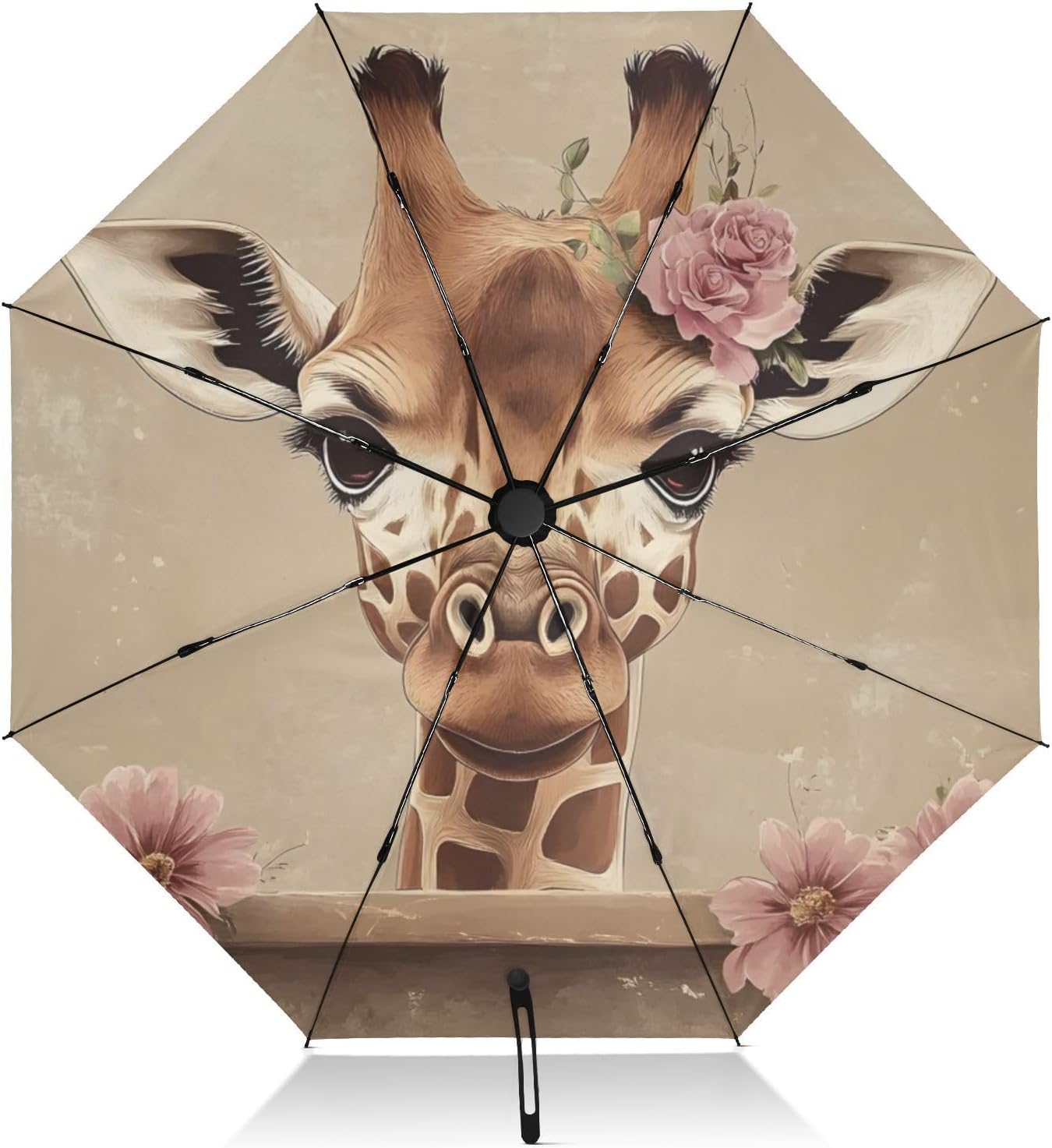 Giraffe Flower UV Protection Travel Umbrella Compact for Rain and Sun - One-Click Automatic Open and Close UPF 50+ Windproof Portable 46” Sun Umbrella for Women Men