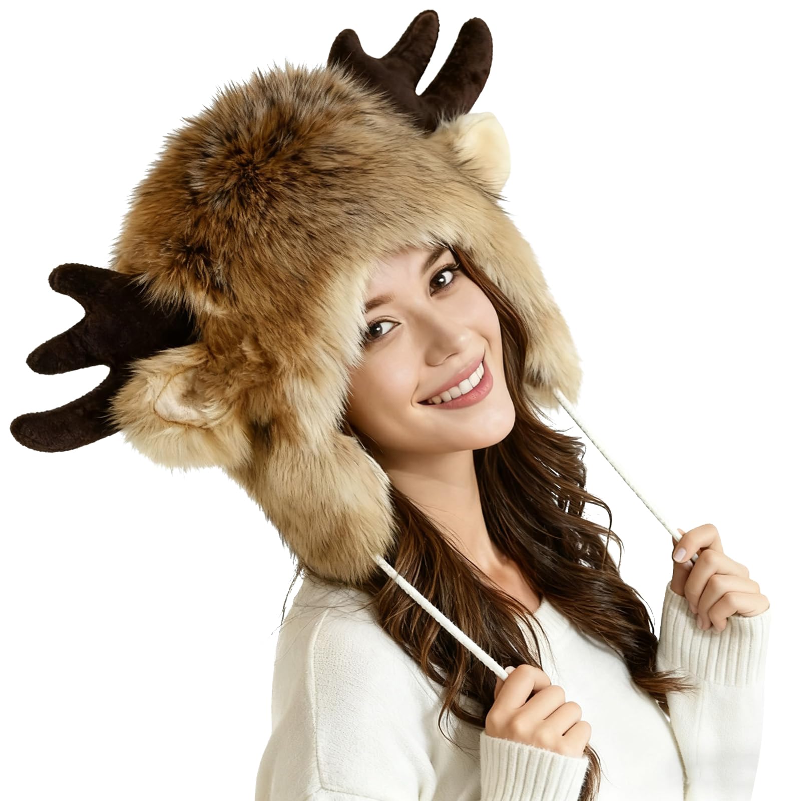 YJZQ Bonnet unisexe Bonnet animal Chaud Chapeau tête de Renne et Corne du Veau Cagoule en Peluche Casquette Fausse Fourrure pour Adult Grand Enfants Cadeau Noël Aniverssaire Fête