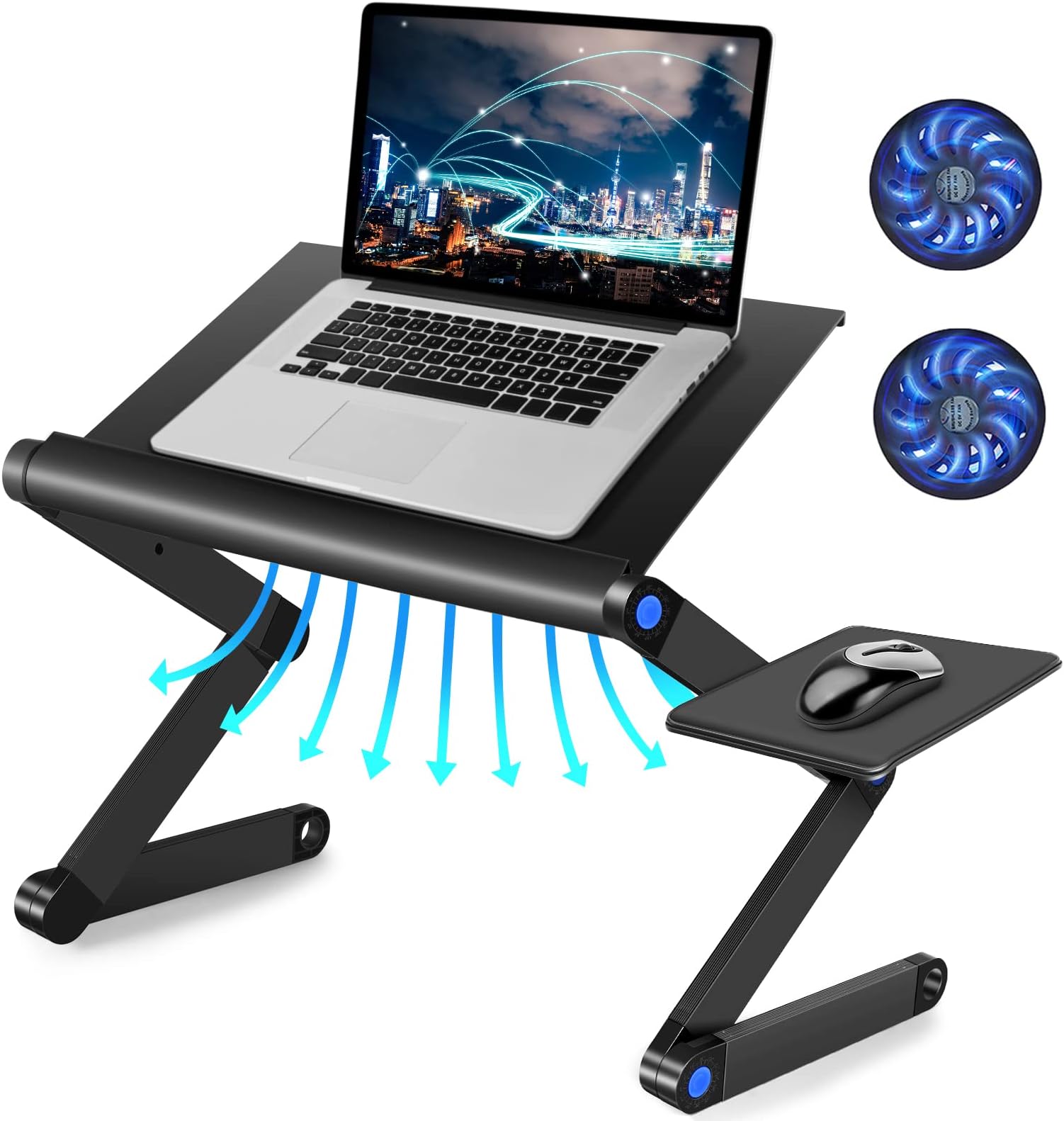 Adjustable Laptop Stand, Laptop Table for Bed, Portable Lap Desk Foldable Table Workstation Notebook Riser with Mouse Pad, Ergonomic Laptop Stand with 2 CPU Cooling Fan, Best Gifts