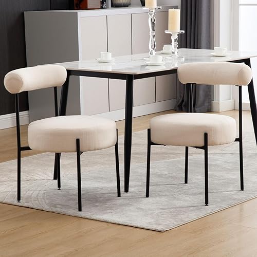 ROCITY Juego de 2 sillas de comedor modernas color beige, tapizadas de tela de lino, con respaldo de barril, sillas laterales de metal Boucle para
