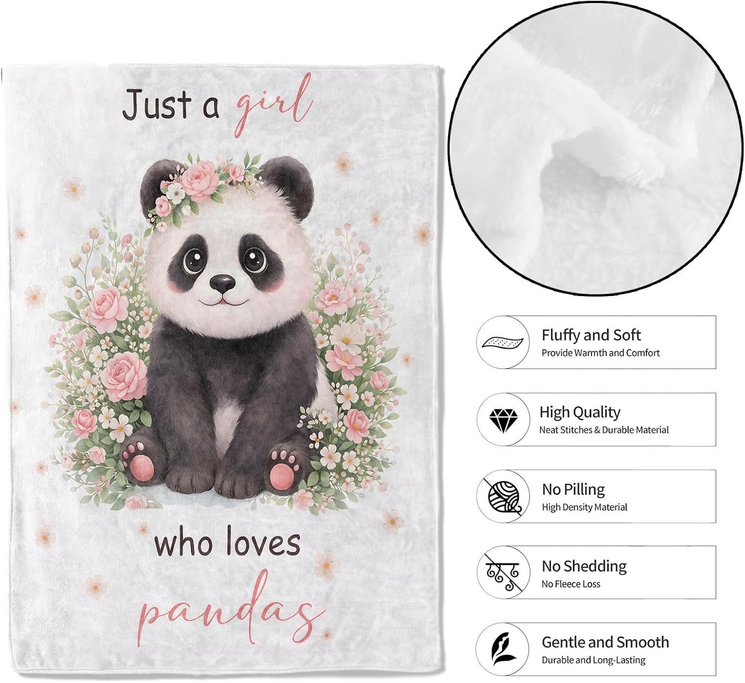 Cute Panda Floral Throw Blanket, 50x60in, Soft Lightweight Flannel, Just a Girl Who Loves Pandas Design Blankets,Gifts for Women Girls,for Couch Travel Office Home Living Room Cabin Decor