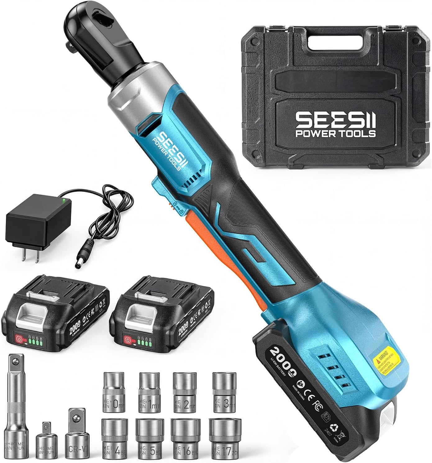 Seesii 3/8" Cordless Ratchet Wrench Set, 60 ft-lbs (80Nm) High Torque Electric Ratchet, 21V Max & 2×2.0Ah Batteries, 300 RPM, Fast Charger, LED Work Light,10–17mm Socket Set, Extension Bar & Case