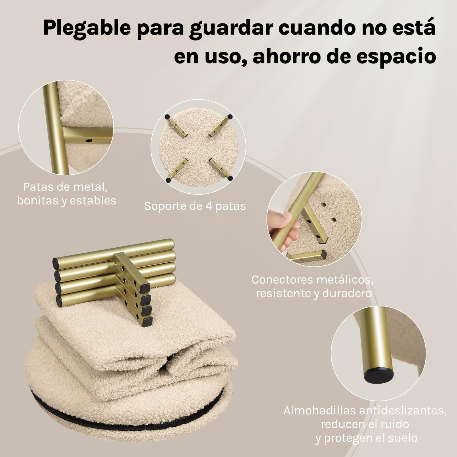 WOLTU Puff Almacenaje, Taburete Plegable, Reposapies de Sofá, Taburete Redondo para Salón y Dormitorio, Baúl de Patas de Metal, Tela Polar Teddy, MDF, φ35x41 cm, Beige | Beige redondo para salón, dormitorio o pasillo con tapa y patas de metal