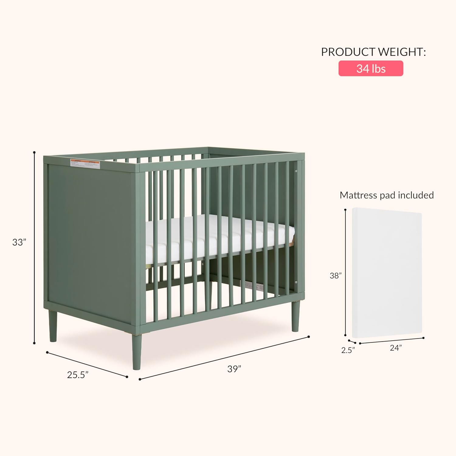 Dream On Me Lucas Mini Convertible Crib in Meadow Green, Rounded Spindles, Converts from a Baby Crib to Day Bed and Kids Sofa, Perfect for Small Spaces, Three Adjustable Mattress Height Positions