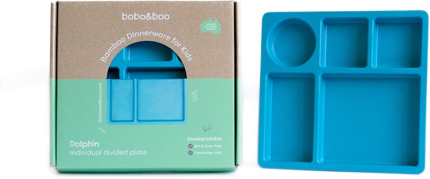 bobo&boo Bamboo Kids Divided Plate, Sectioned Toddler Plate, Children’s Compartment Plates, 5 Portioned Sections, Mix and Match, Dolphin Blue