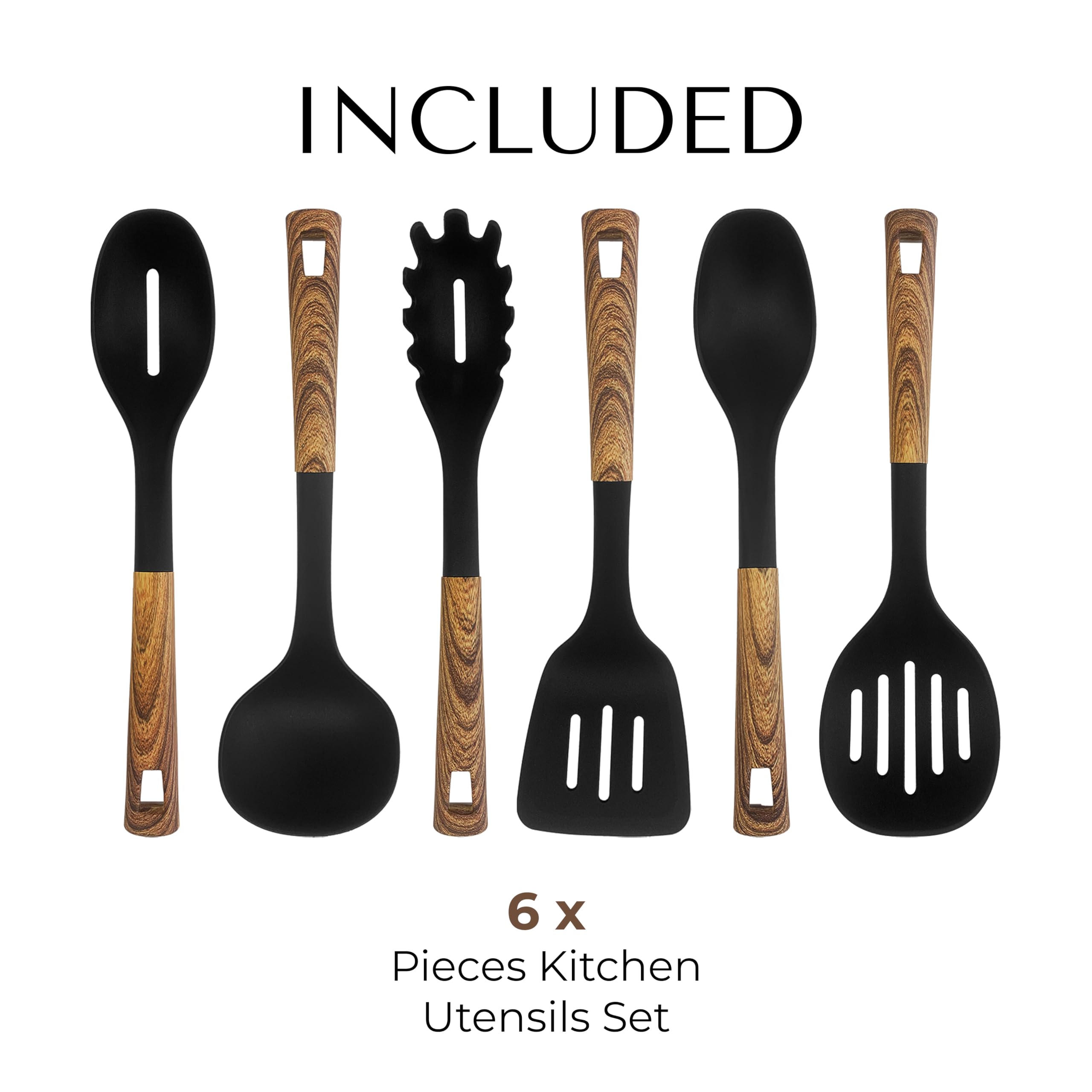 JS Gourmet Juego de 6 utensilios de cocina, resistentes al calor, antiarañazos, juego de cucharas de cocina de nailon para utensilios de cocina antiadherentes, con asas ergonómicas y suaves al tacto