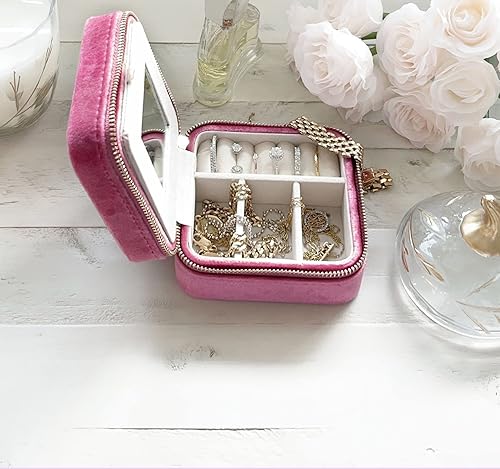 Miniatura 6 de BLUTETE Joyero organizador de viaje de terciopelo con anillos de espejo aretes collares caja organizadora de almacenamiento verde salvia