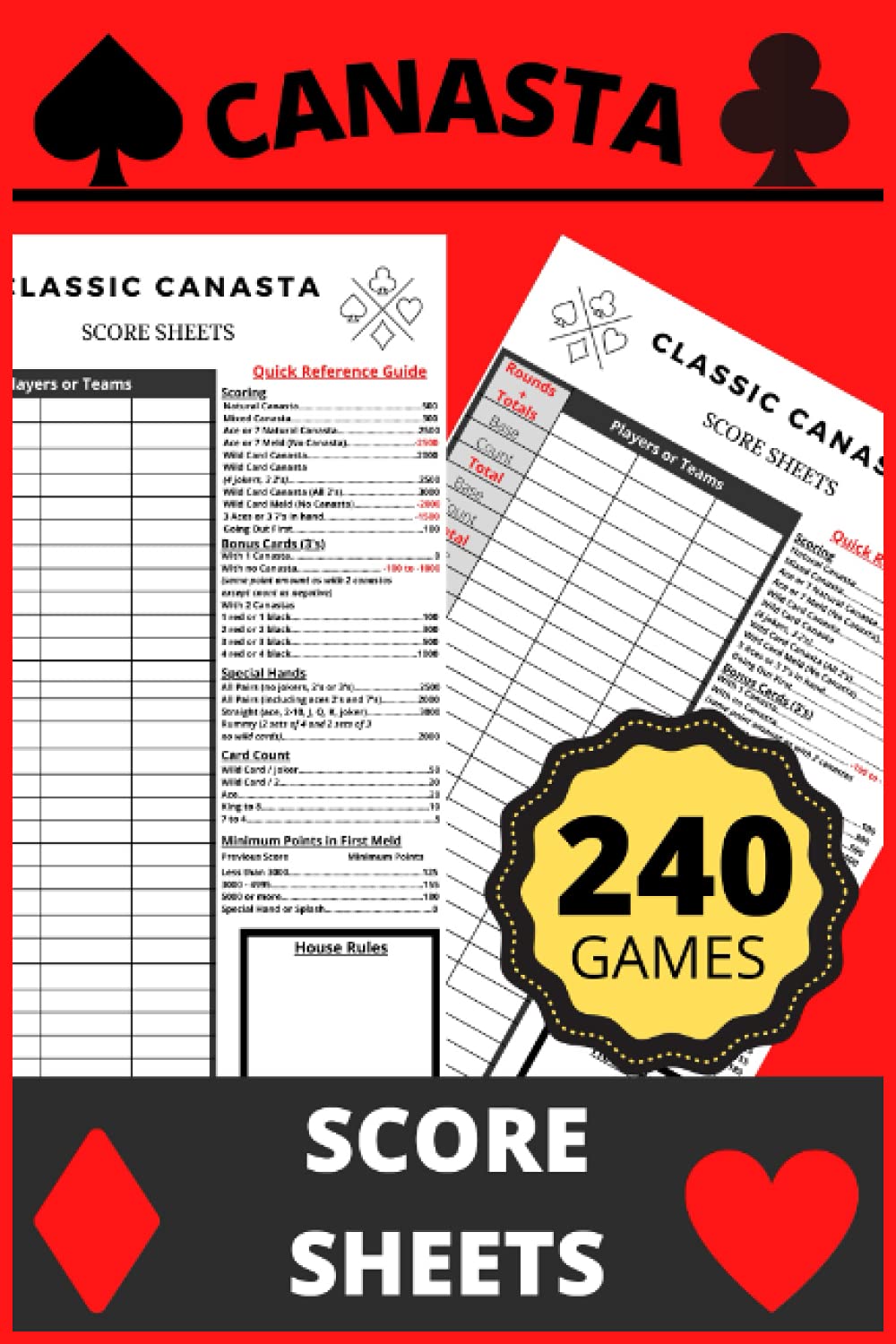 Canasta Score Sheets: Classic Canasta Card Game Score Pad for Score Keeping, Rules and Point Values