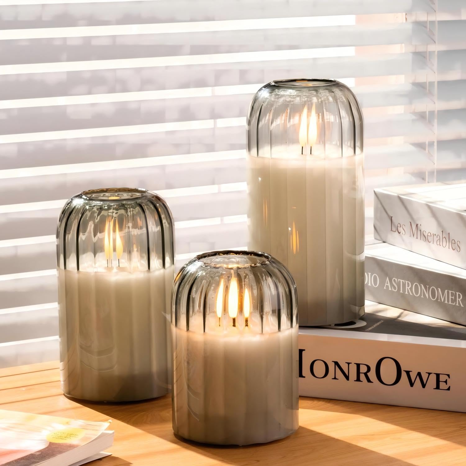 luzzup Glass Ribbed Flameless Candles - Battery Candles with Remote Timer, Green Glass LED Candles with Pumpkin Shape, Warm Light, Lasting 350 Hrs and