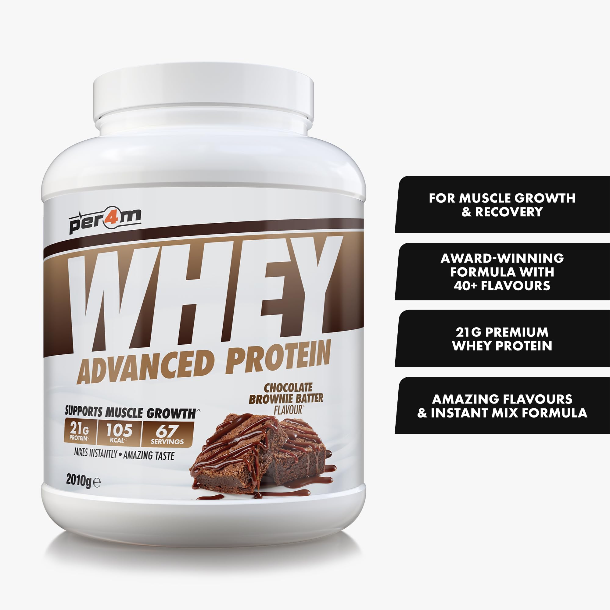 Per4m Whey Protein, Odżywka Białkowa WPC, 24 g Białka na Porcję, Budowanie Masy Mięśniowej i Szybka Regeneracja Po Treningu Siłowym dla Aktywnych Sportowców – Chocolate Brwonie Batter – 2010 g