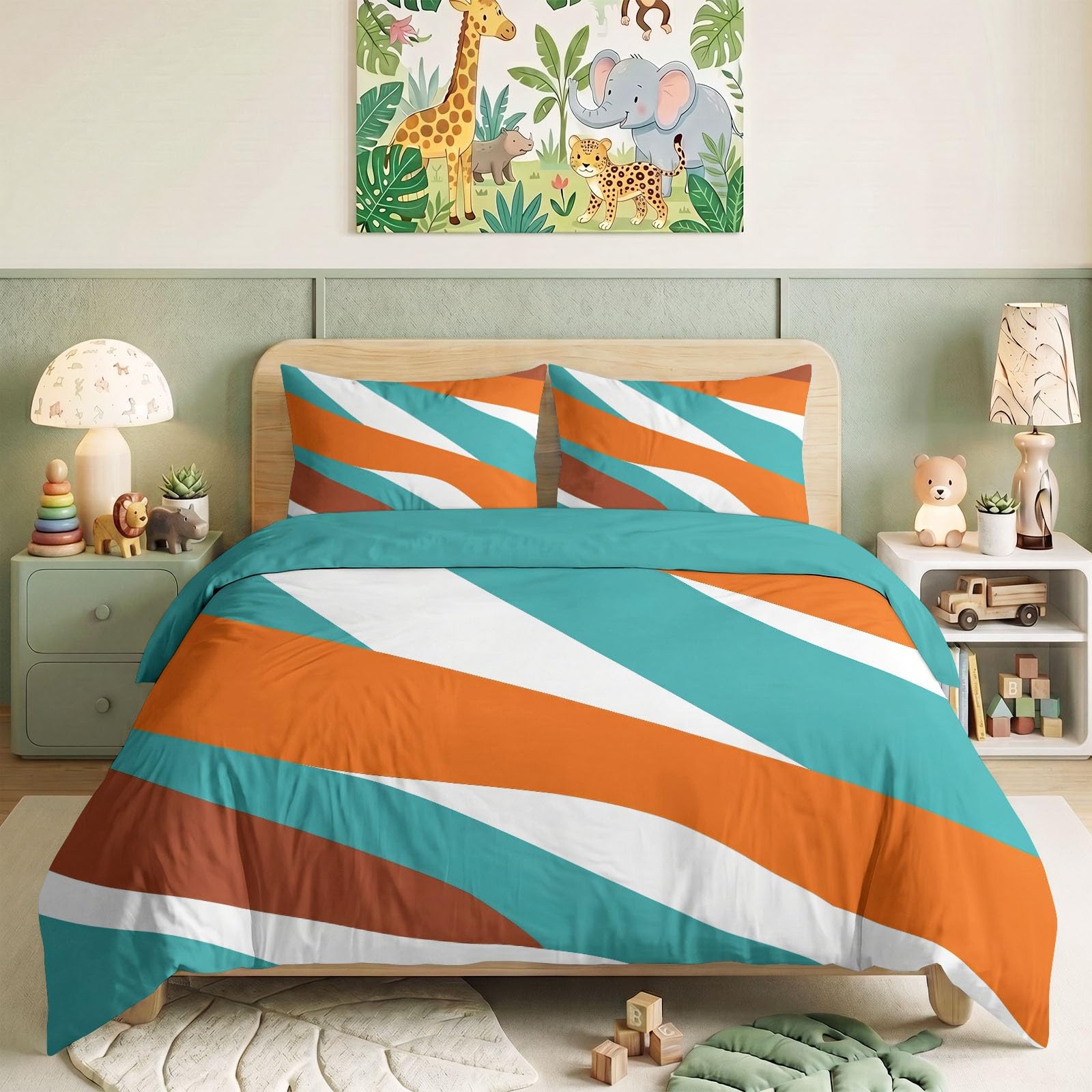 Generisch Bettwäsche Set 3-teilig 200 x 200 cm, Abstrakt Vintage Kinderbettwäsche Mikrofaser mit Reißverschluss - Bettbezug Pinselstriche Industrieller Used-Look für Jungen Mädchen Cyan Bettwaren