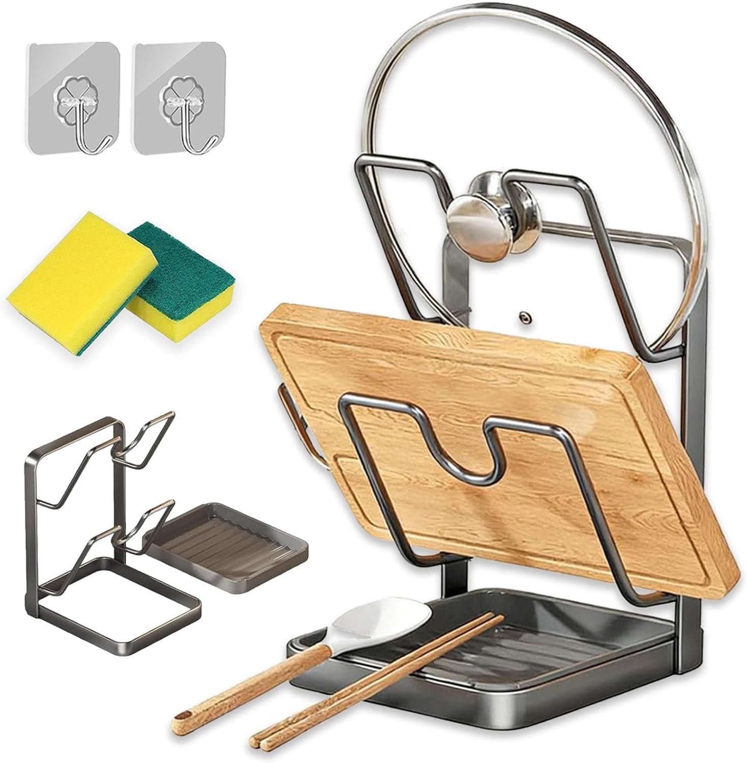 Kitchen Pot Lid Storage Rack - Carbon Steel, Multifunctional Kitchen Pot Lid Holder While Cooking, Rust-Resistant Pot Lid Organizer Rack for Counter, Pans Lids, Prevent Messes, Space-Saving (StyleC)