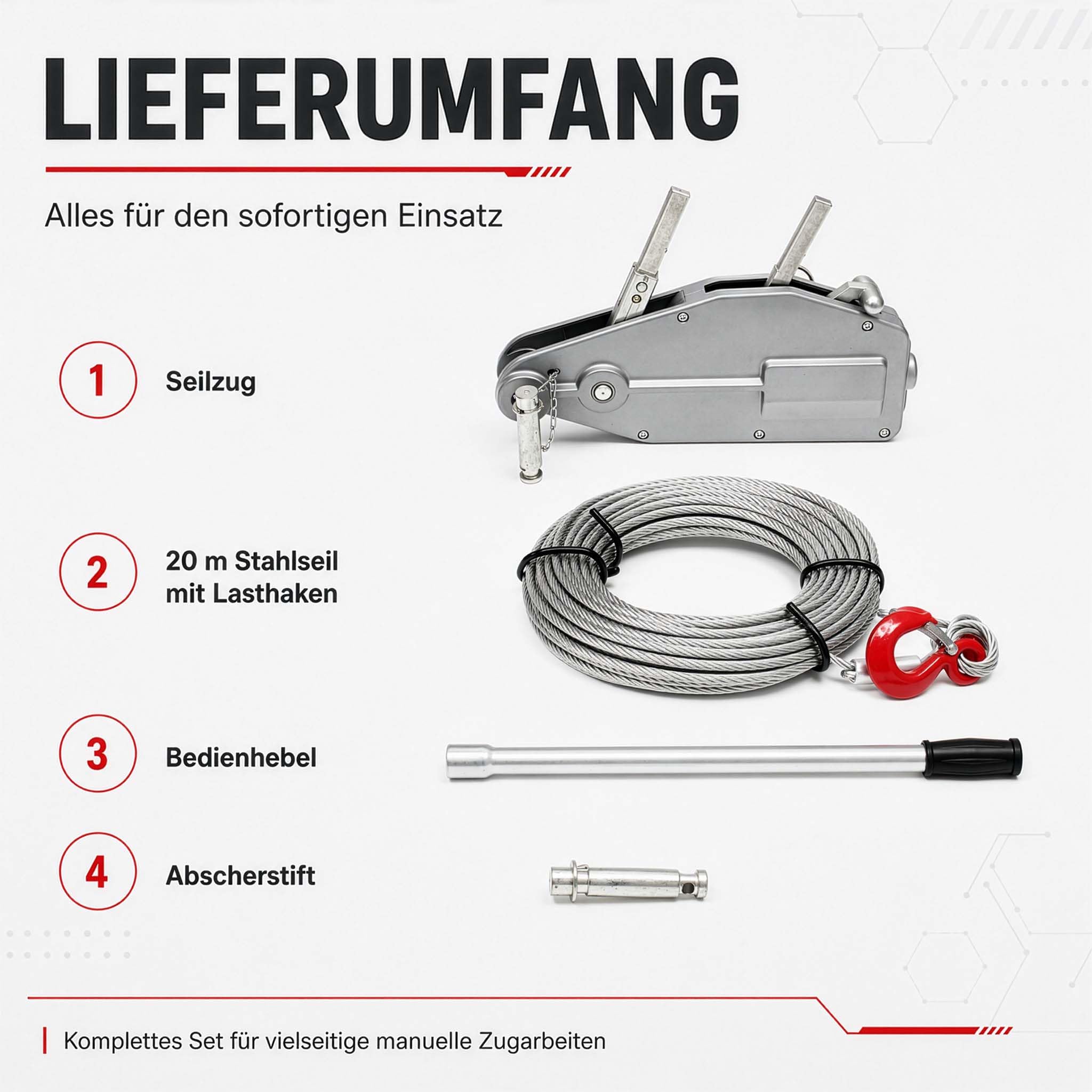 Wiltec Seilzug bis 800 kg Seilwinde mit 20 m Seil, Handseilwinde mit Ø 8,3 mm Stahl-Seil, Forstseilwinde mit Abscherstift, Handseilzug mit Lasthaken