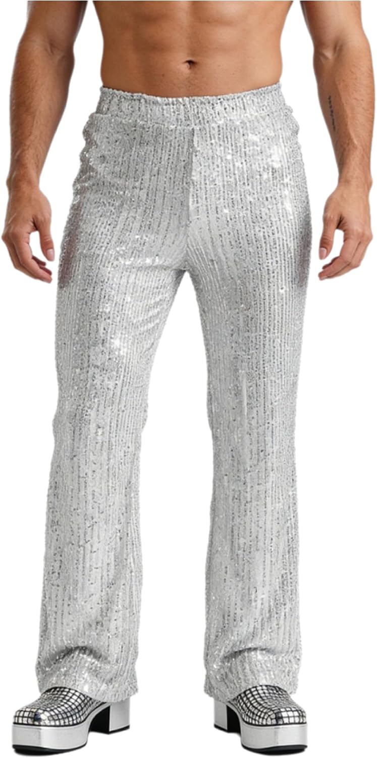Men's High Rise Sequin Pants Glittery Elastic Waist Fully Lined Loose Wide Leg for Raves Club