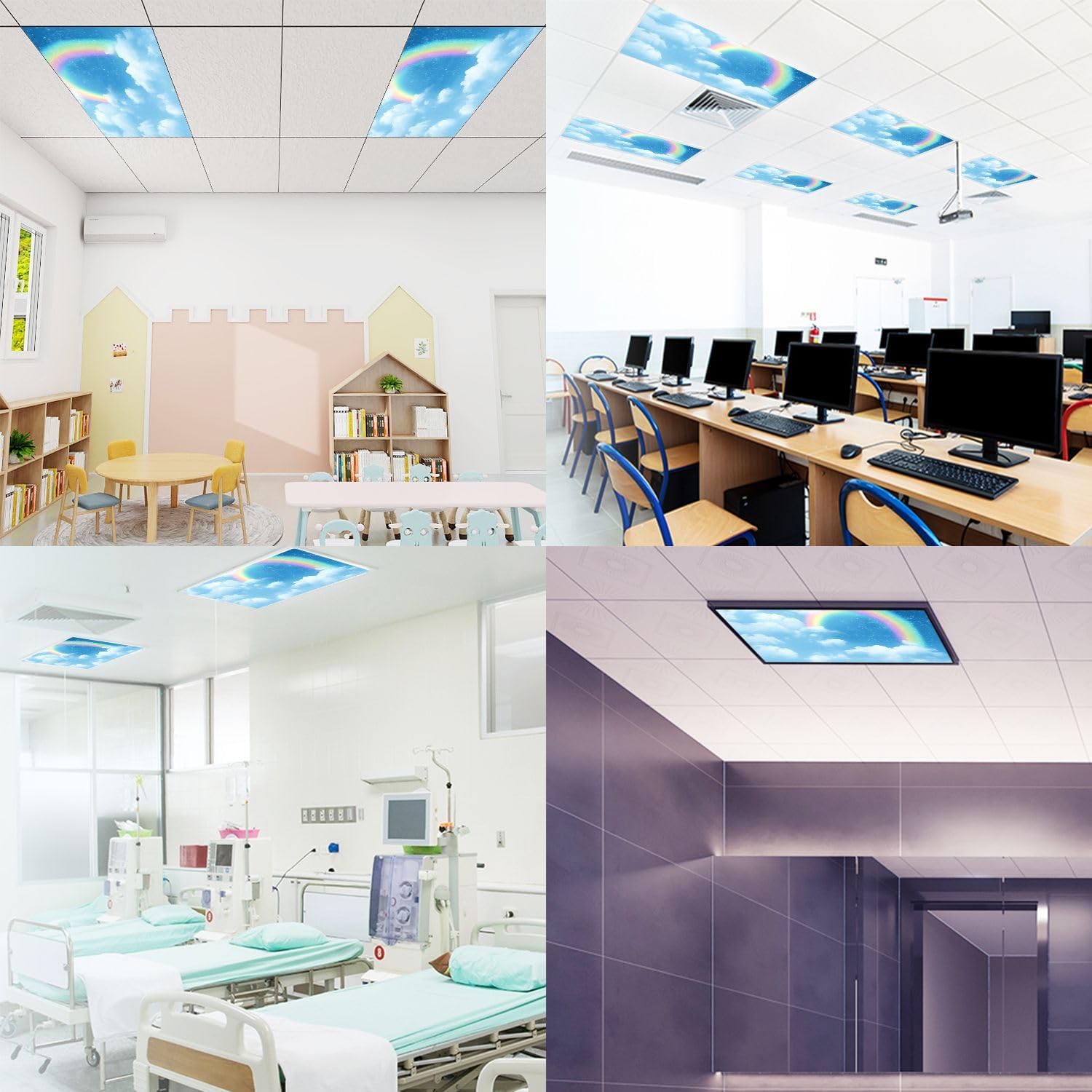 Fluorescent Light Covers for Ceiling Lights Rainbow Cloudy Sky Easy to Install Magnetic Light Filter for Classroom Office Hospitals School Home Decor