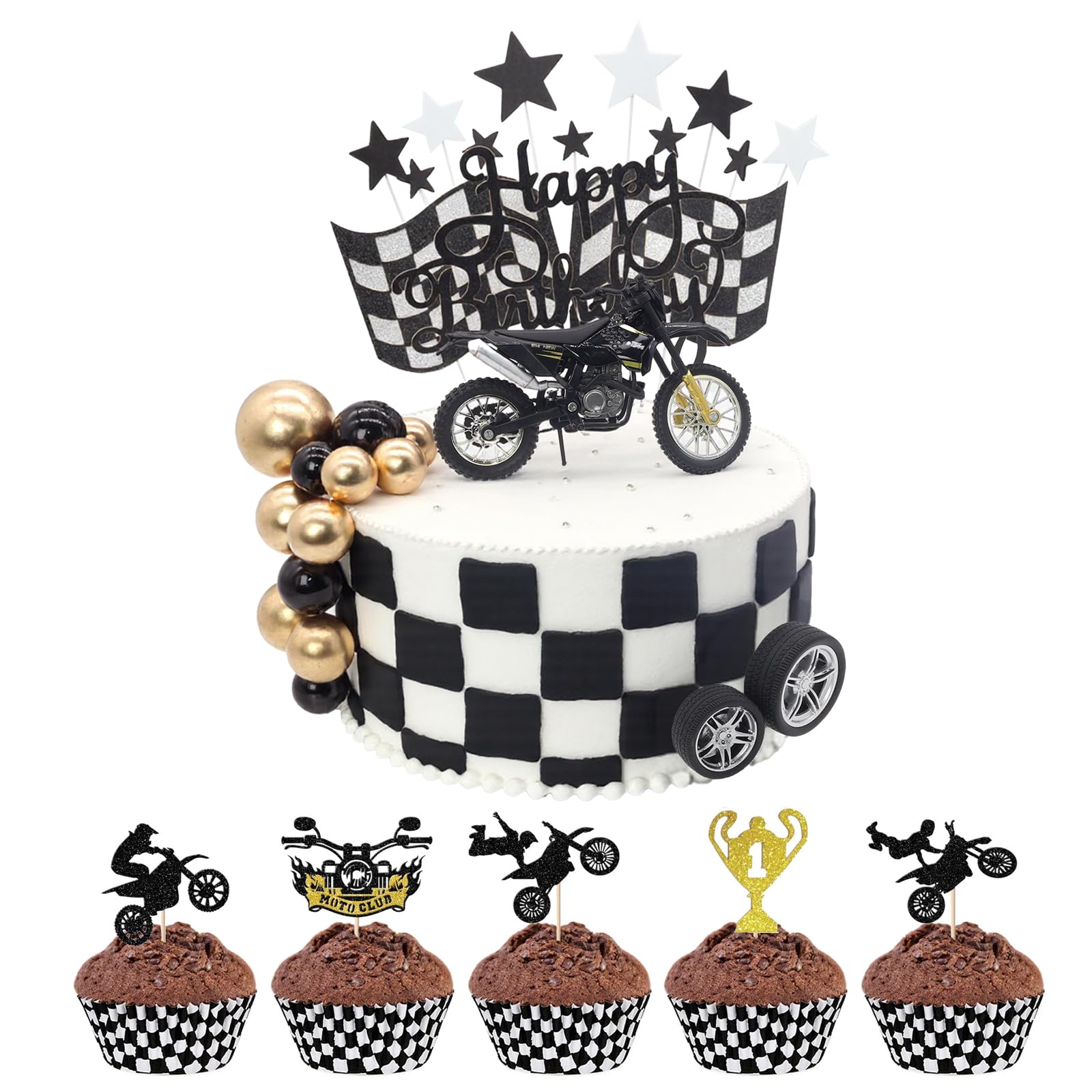 BiBo Dirt Bike Cake Topper, 31 PCS Motorcycle Birthday Party Decorations, Dirtbike Cupcake Toppers for Motocross Race Car Theme Birthday Party Decor