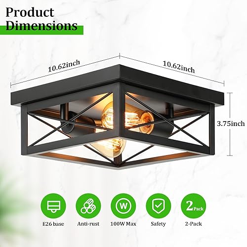Miniatura 2 de Kondras Lámpara de techo cuadrada industrial de 2 luces, lámpara de techo de granja para cocina, moderna lámpara de techo negra para pasillo,