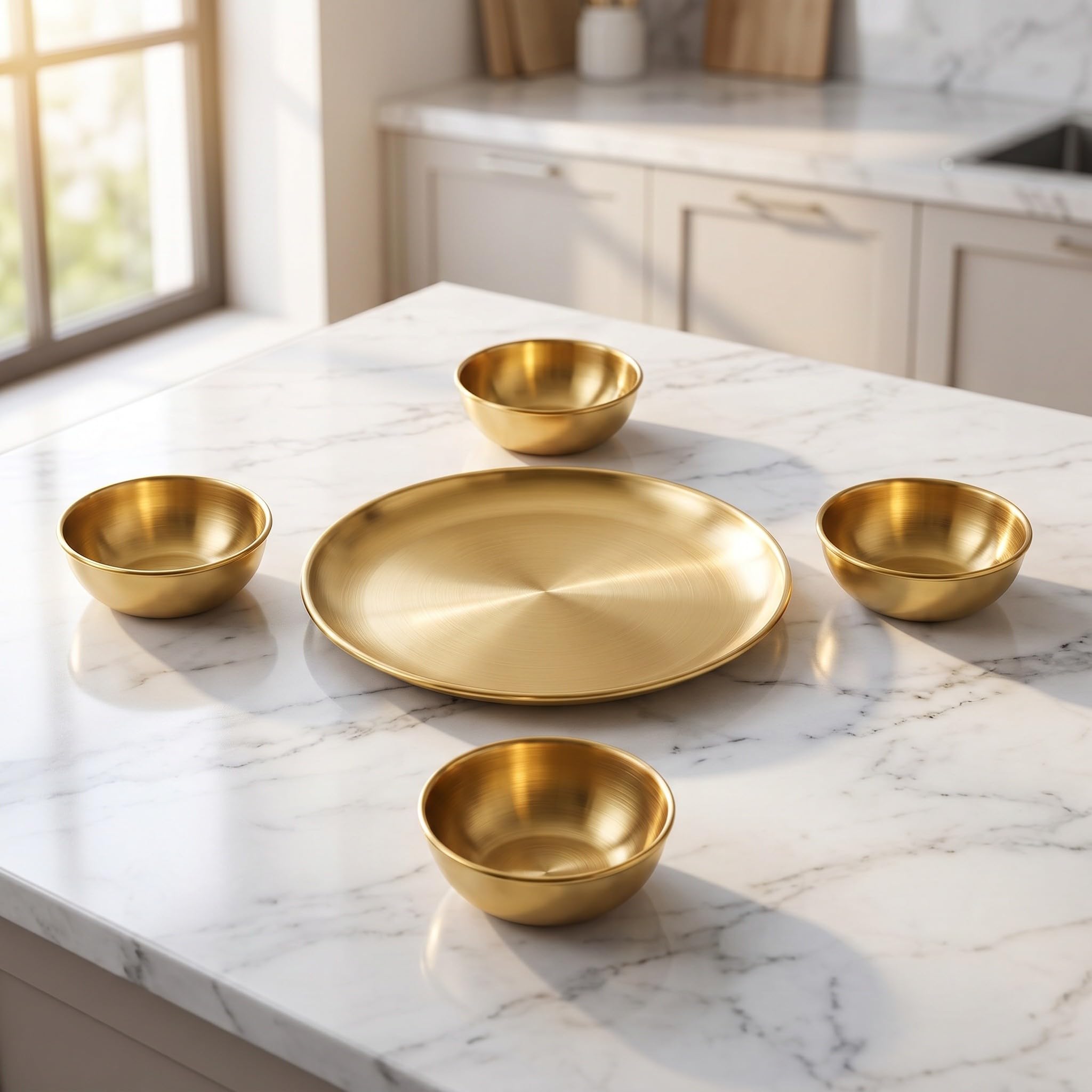 Operitacx 1 juego de vajilla dorada: platos llanos de acero inoxidable de 23 cm y 25 cm y cuencos de 7,5 cm - Vajilla de metal con acabado dorado cepillado para buffet, barbacoa, ensaladas, aperitivos