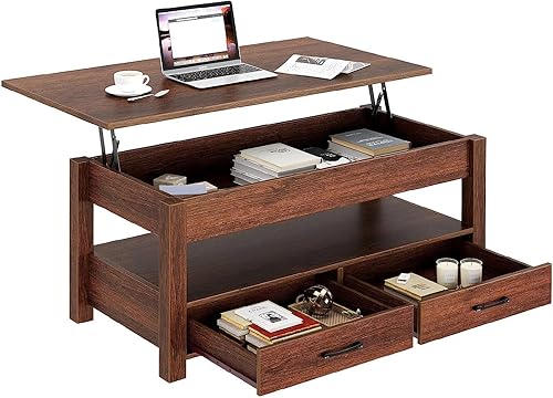 Mesa Auxiliar, Mesa de Centro con Cajones y Compartimento Oculto, Mesa Central Retro con Tablero de Elevación de Madera, para Sala de Estar