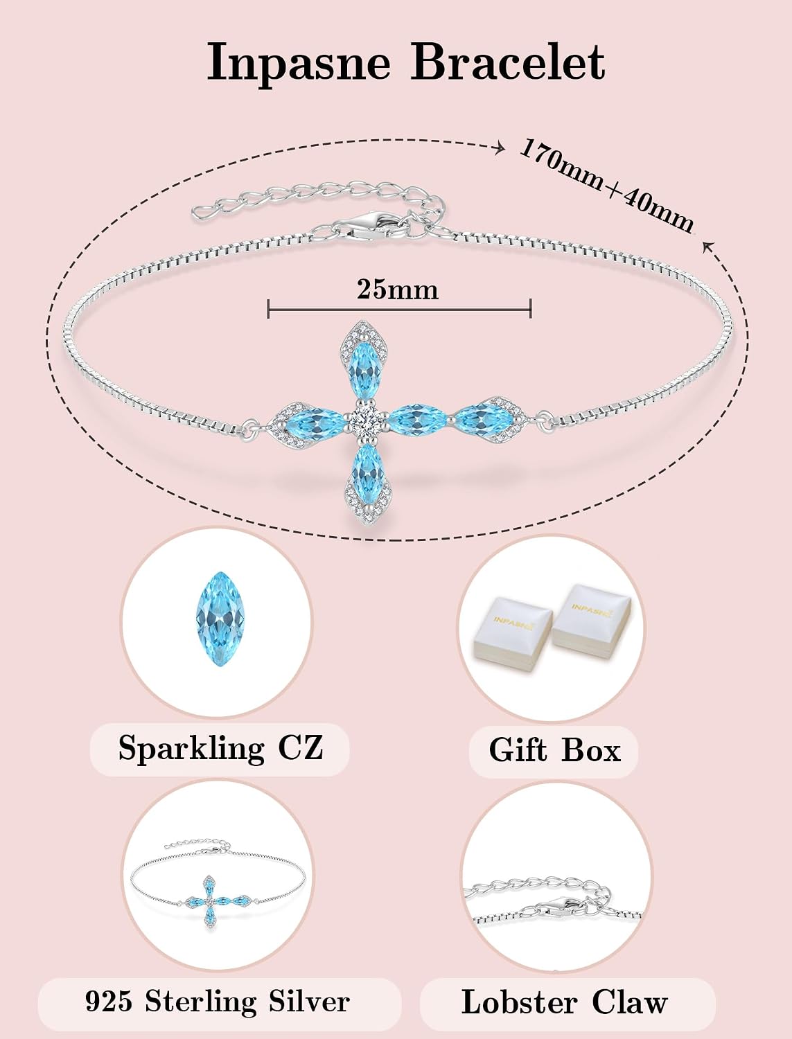 Cross Bracelet for Women 925 Sterling Silver Halo Gemstone Religious Christian Bracelet Birthstone Jewelry for Her