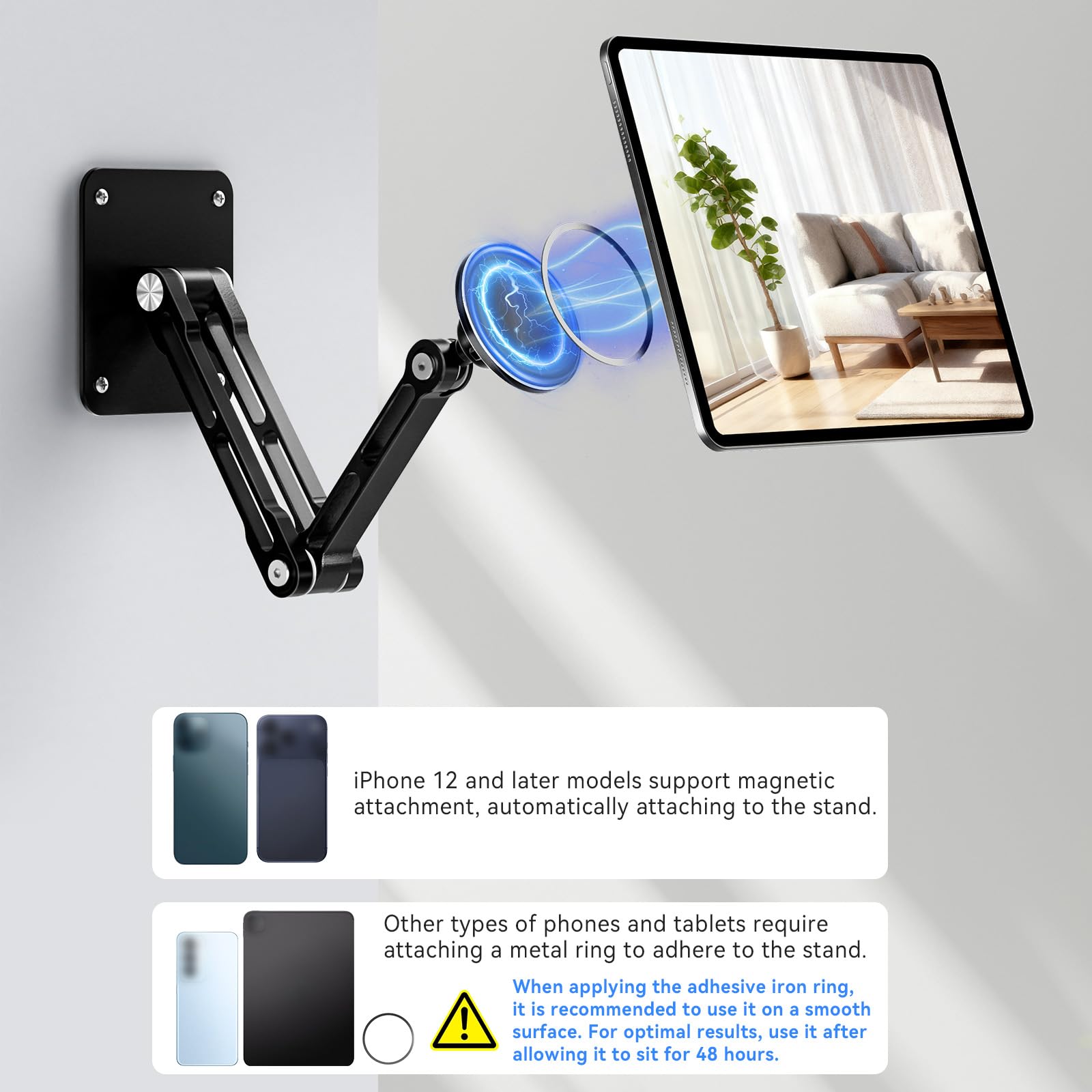 Tablet Supporto Magnetico da Parete 360° Girevole in Alluminio per Smartphone, Laptop, E-reader