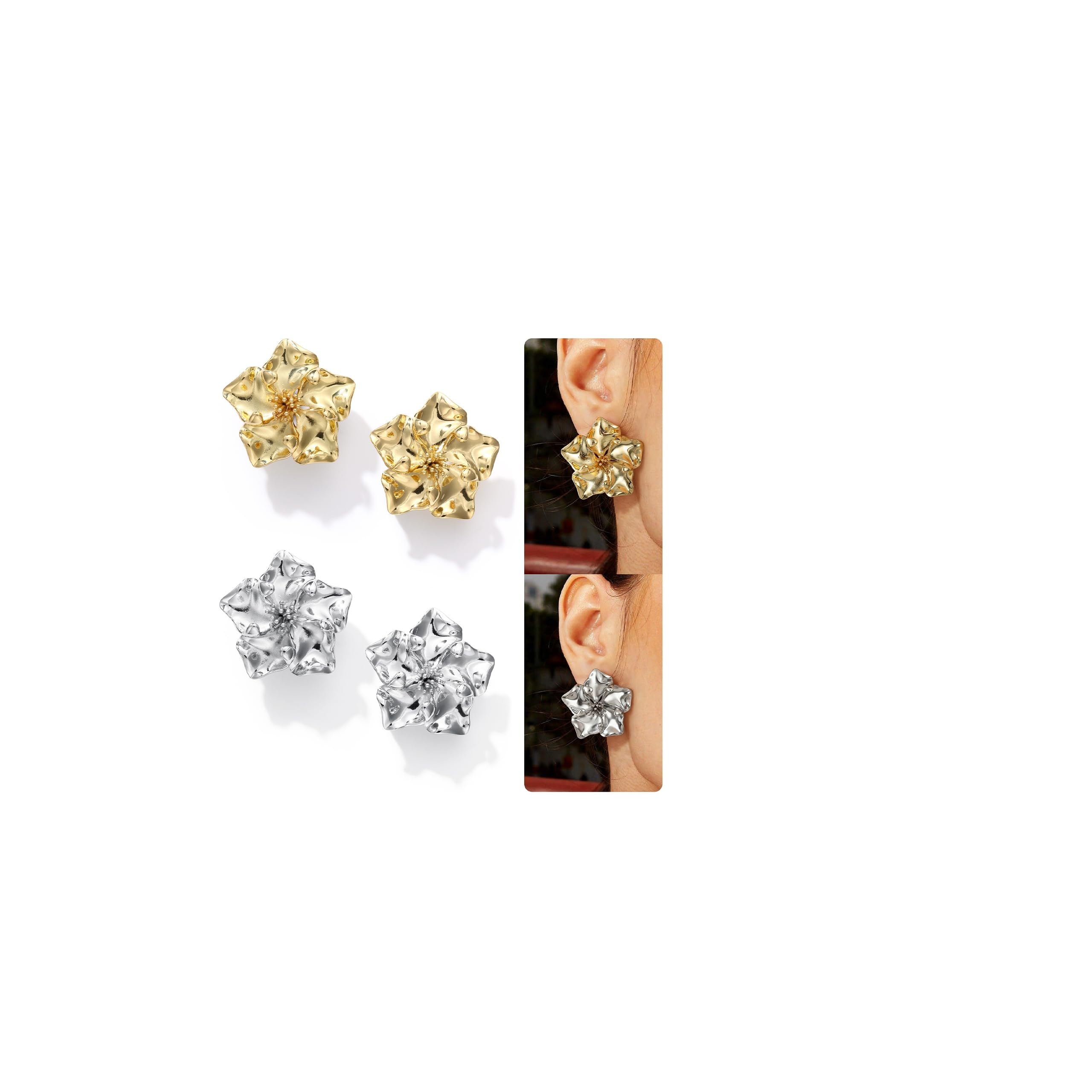 KRFY Statement Earrings 2 Pairs S925 Sterling Silver Post 16K Plated Chunky Gold Earrings For Women Trendy Hypoallergenic
