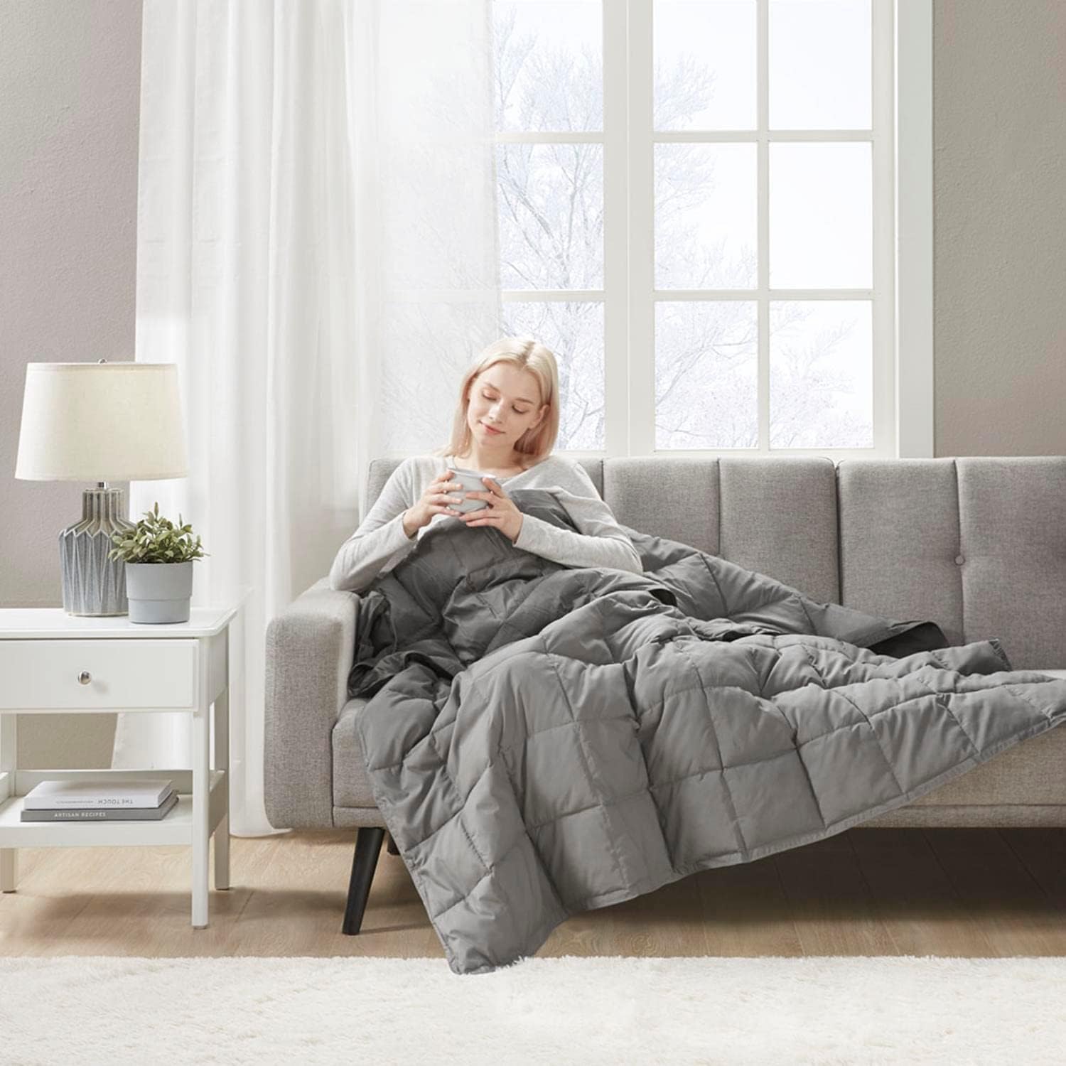 True North by Sleep Philosophy Wearable Blanket, Oversized, Goose & Down Throw with Buttons, Classic Box Quilting, Heavy Filled for Camping, Travel, Outdoors Friendly Carrying Bag, 62x68, Grey