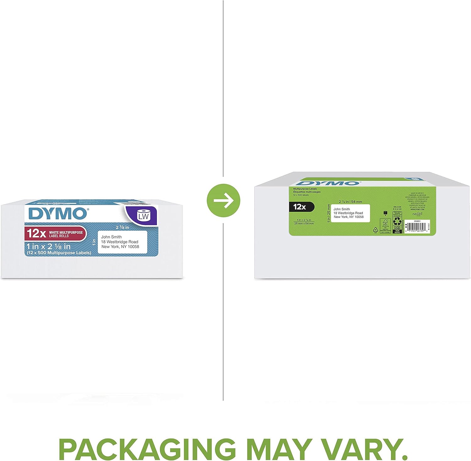 DYMO Authentic LW Multi-Purpose Labels for LabelWriter Label Printers, White, 1" x 2-1/8", 12 rolls of 500 (6000 Total)
