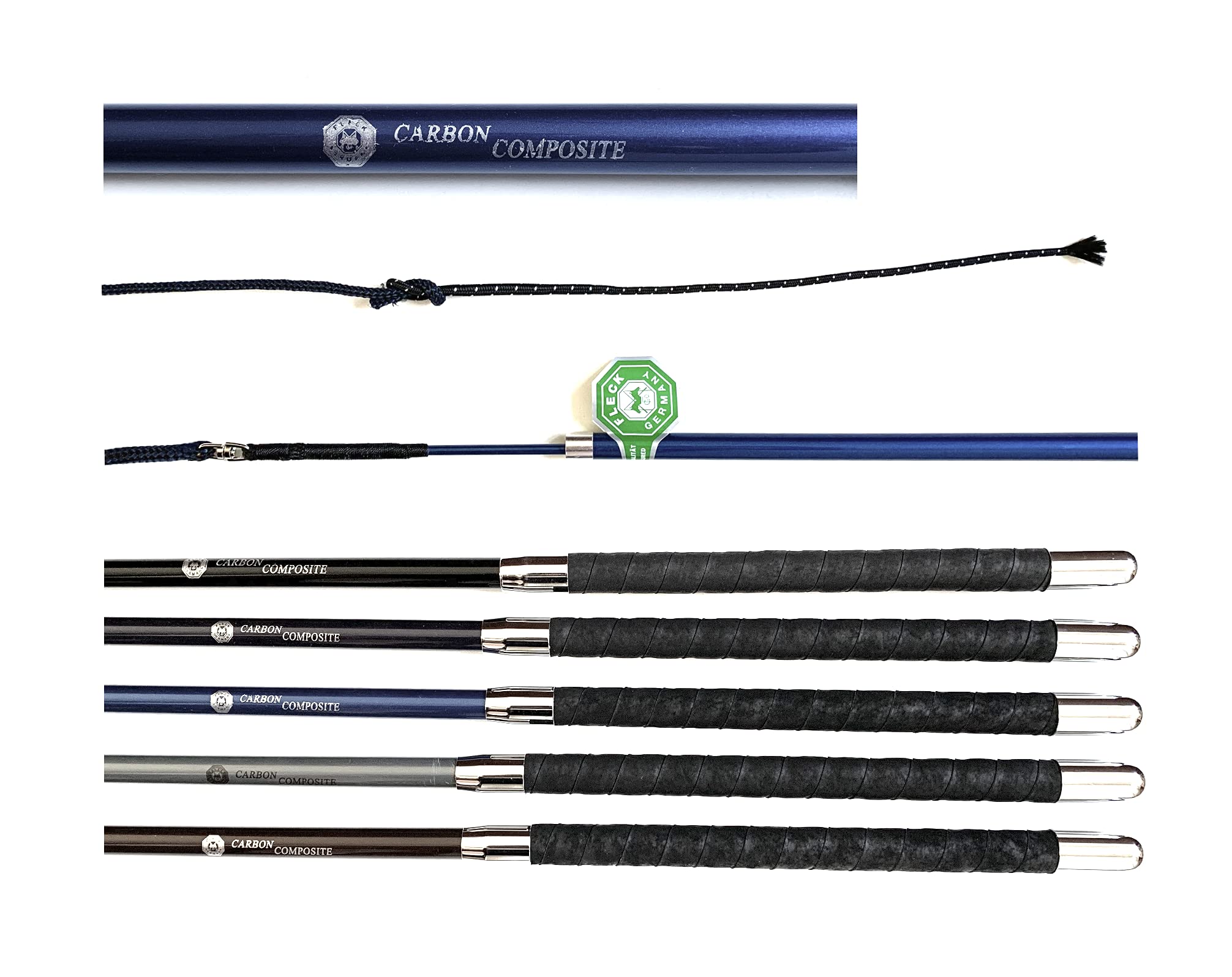JA0023 Fleck Carbon Composite Longierpeitsche 2 Fach 200 cm Teleskop Ausziehbar Wickelgriff Nylon Schlag Ultraleicht Platzsparend Longieren (Marine)