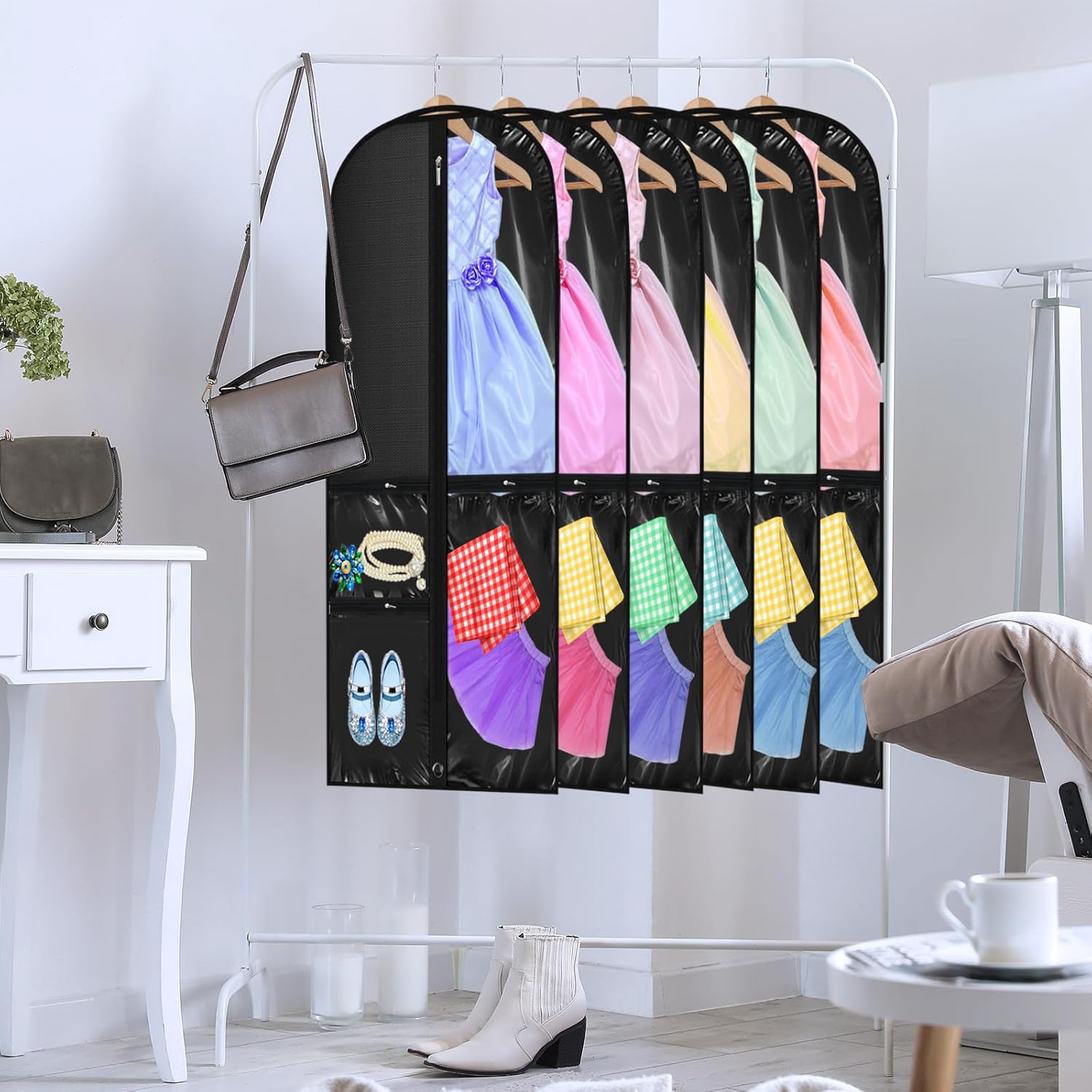 Geelin 14 Pcs Garment Bags for Dance Costumes PVC Clear with Zippers 20 x 40 Inch Garment Bag with Pockets Dance Costume Organizer Carrier for Storage Cover for Adult(Black) - Image 7