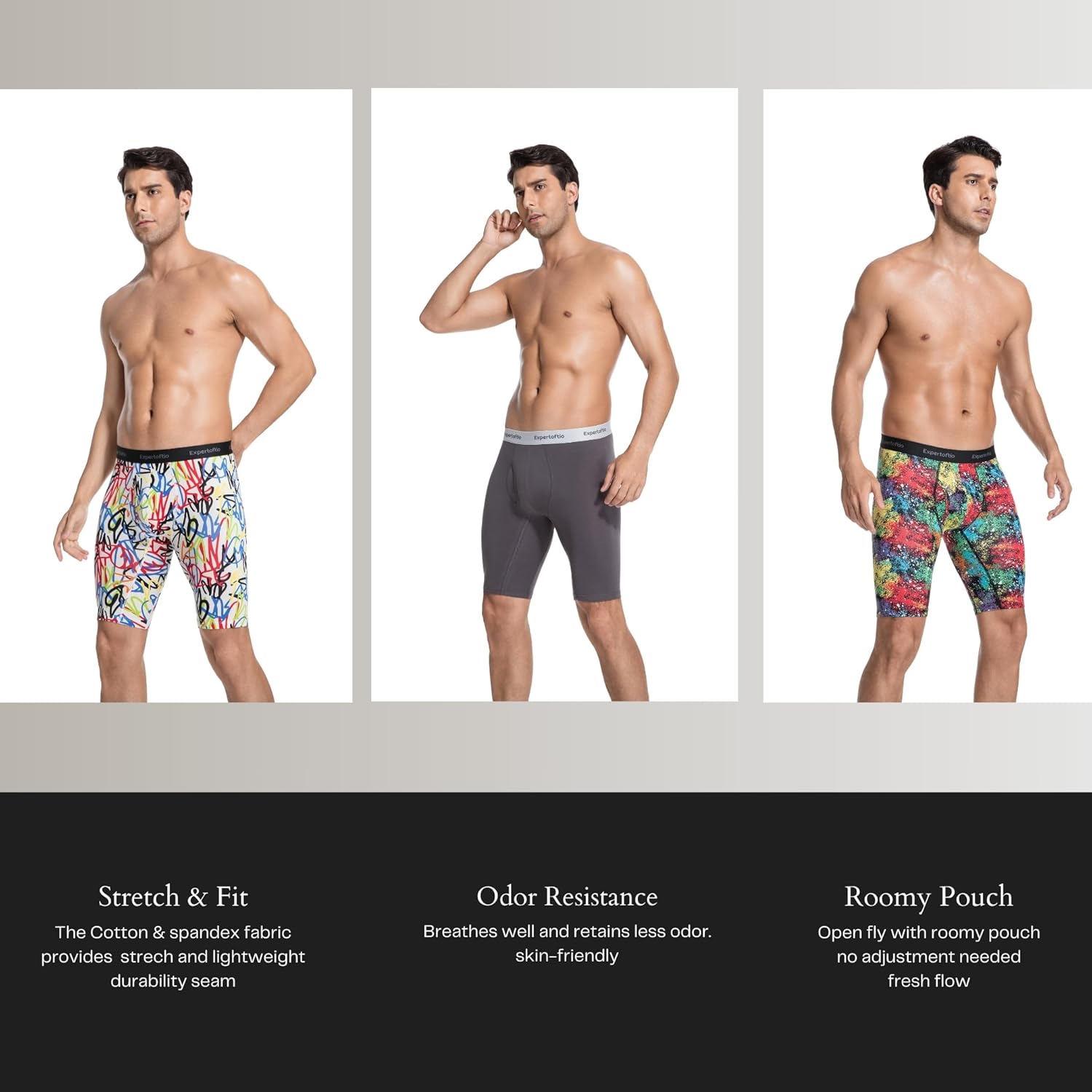 Men's Long Leg Boxer Briefs Cotton Underwear Pack, Athletic, Breathable, Fly, Sports, Moisture Wicking - Image 5