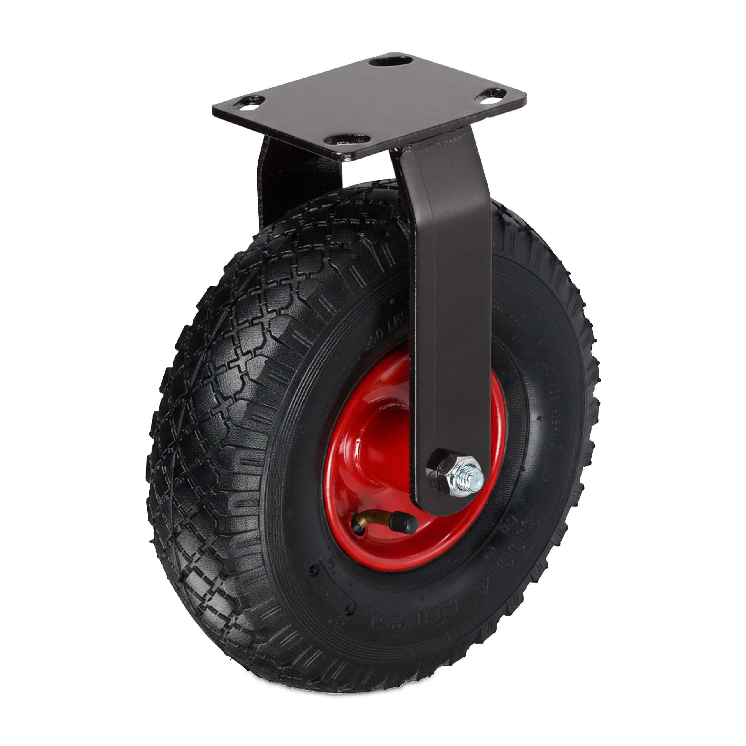 Relaxdays Rigid Castor 3.00-4, 120kg Load, Pneumatic Tire, Rubber Tread, Steel Plate, Black/Red, 29x26x13.5cm