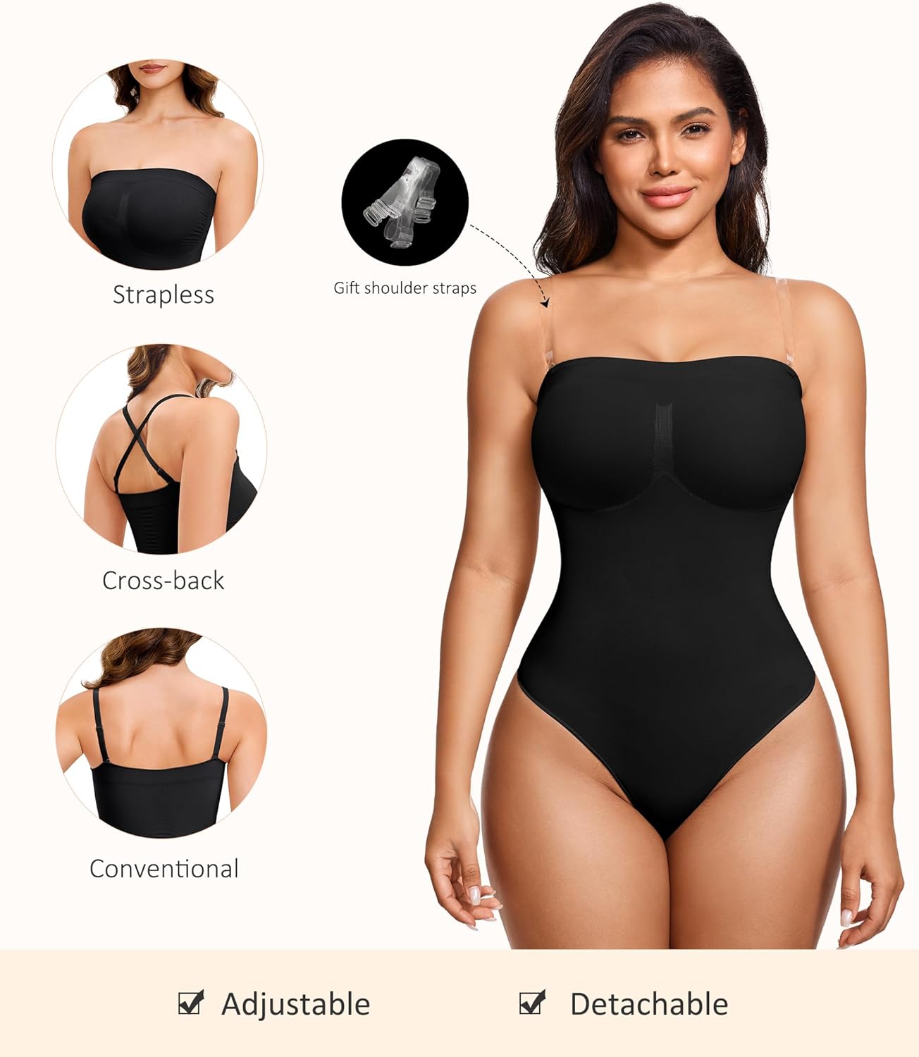 Strapless Thong Bodysuit for Women Seamless Tummy Control Shapewear Body Shaper -Removable Strap Tube Top Leotard - Image 2