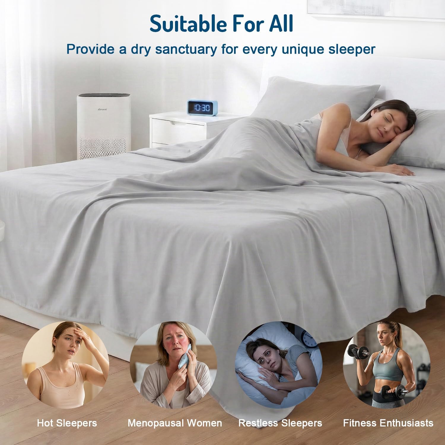 Degrees of Comfort Coolmax® Cooling Bed Sheets King Size with 18" Extra Deep Pocket, Moisture Wicking Cold Sheet Set for Hot Sleepers and Night Sweats, Cozy for All Seasons, Light Grey 4 Pieces