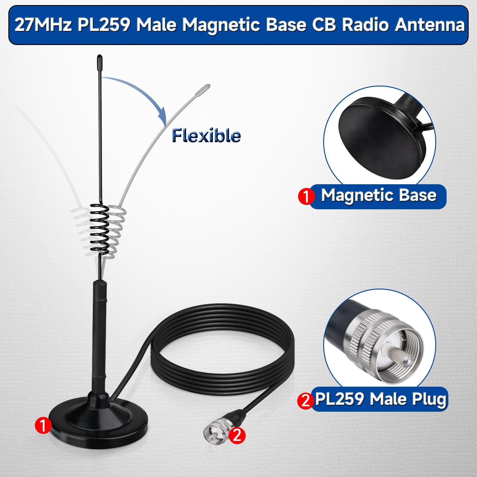 Superbat Antenna CB 26-28MHz 3dBi con Cavo RG58 3m Connettore PL259, Antenna Magnetica Compatibile con Radio CB Galaxy, Uniden, Bearcat, Cobra, Radioddity, Texas Ranger, RoadKing