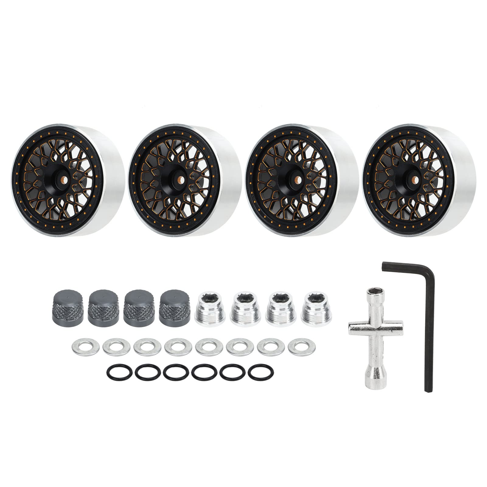 Cerchio con bloccaggio a perni RC in lega di alluminio da 1,9 pollici, ruota RC con copriruota e chiave, per auto RC 1/10; set di cerchi in metallo lavorati a CNC con