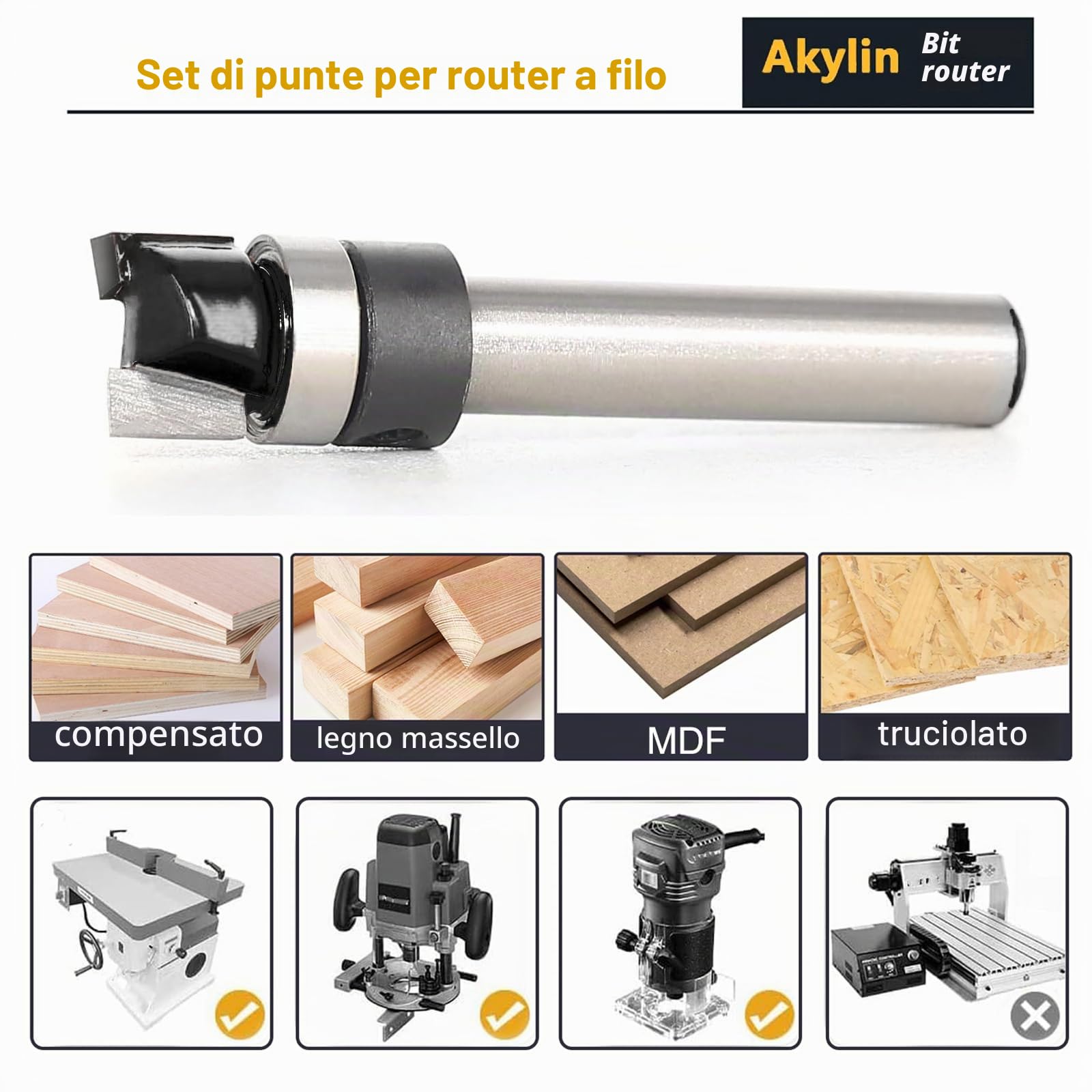 Set di 4 frese da copiare in legno a gambo da 6 mm, con cuscinetti a sfera, strumento da taglio professionale per router per legno